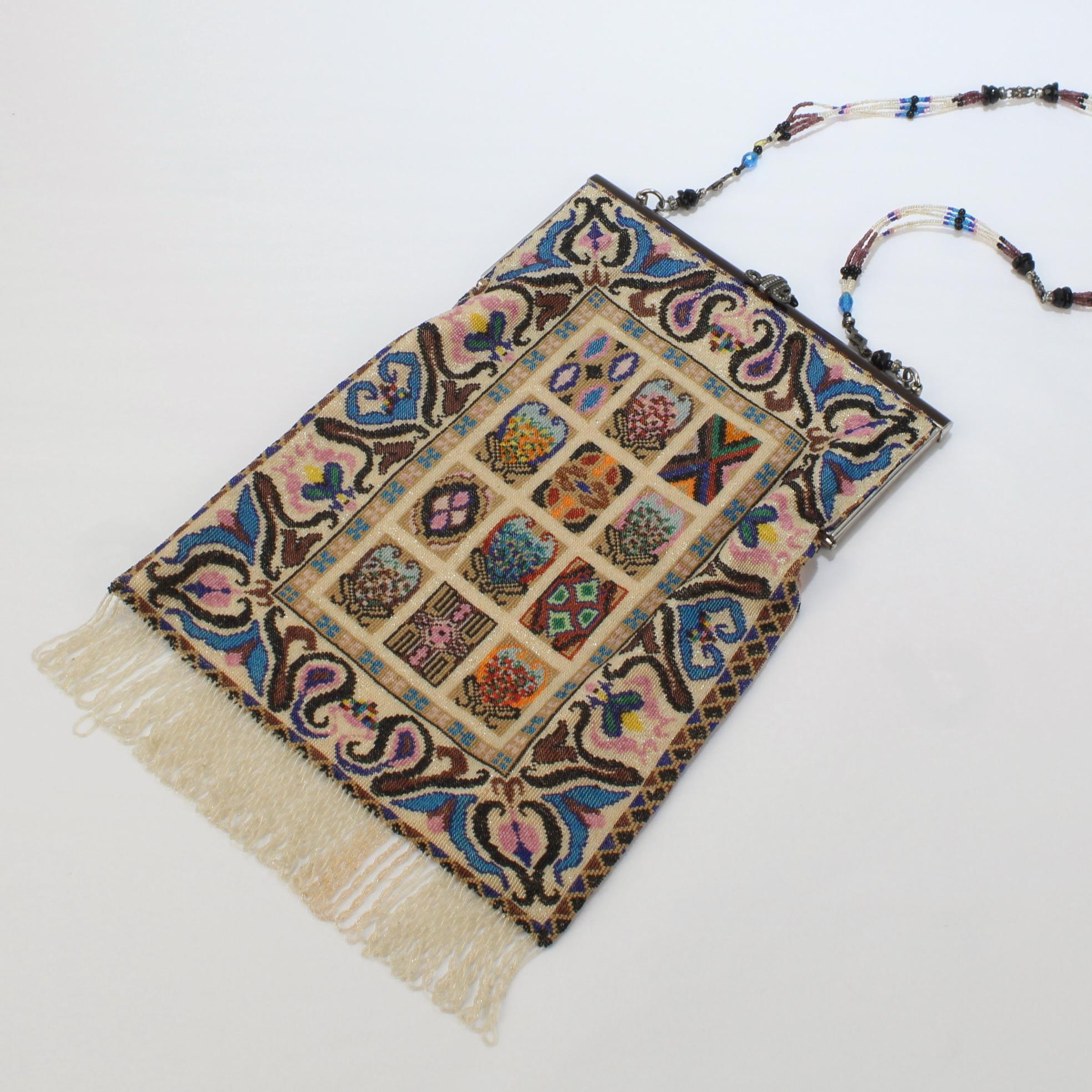 Art Deco Antique Micro Rug / Tapestry Pattern Beaded Bag with an Enameled Marcasite Frame For Sale