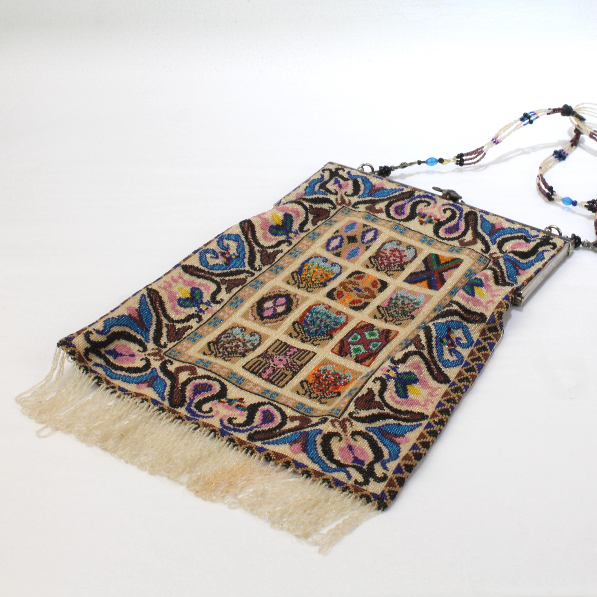 Round Cut Antique Micro Rug / Tapestry Pattern Beaded Bag with an Enameled Marcasite Frame For Sale