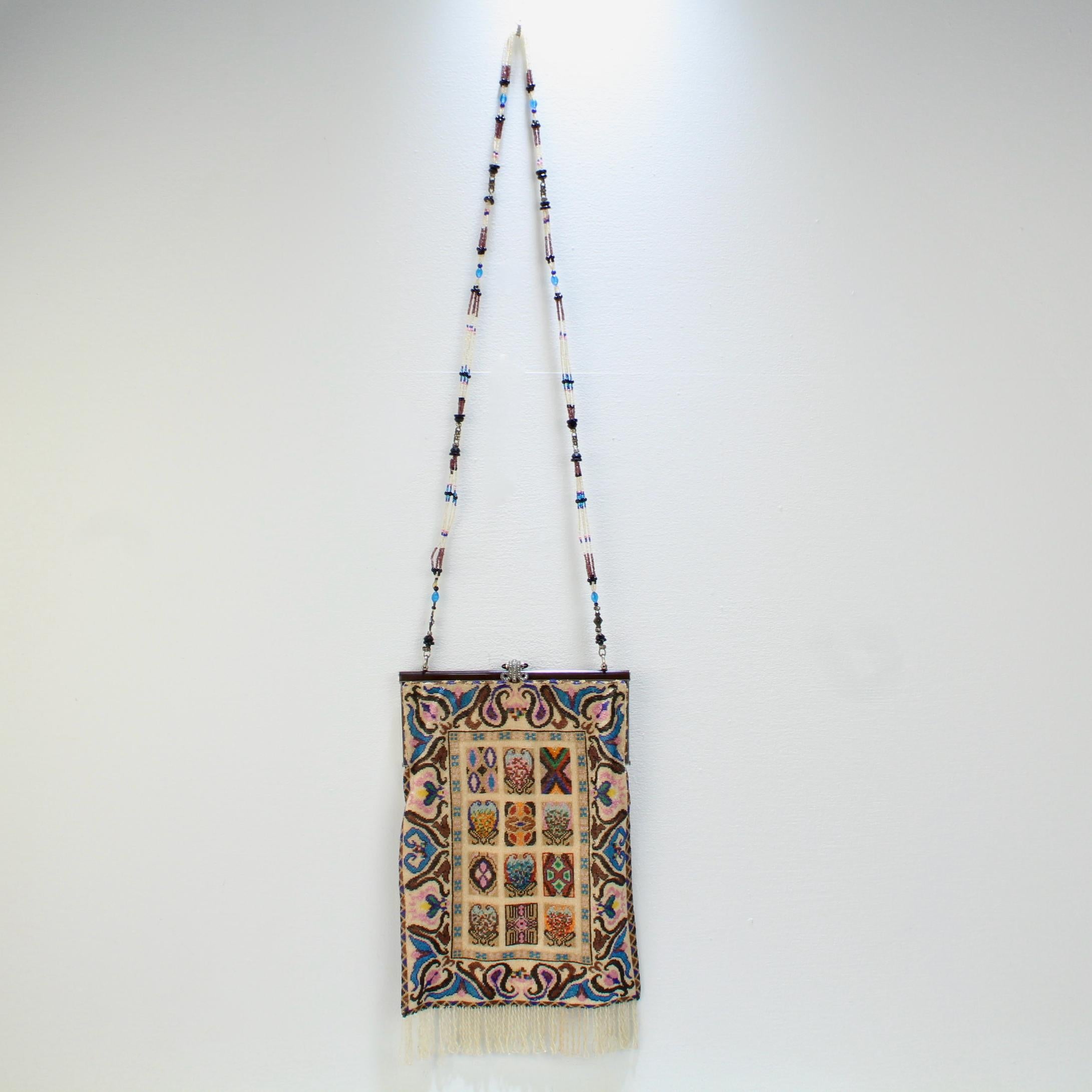 Antique Micro Rug / Tapestry Pattern Beaded Bag with an Enameled Marcasite Frame In Good Condition For Sale In Philadelphia, PA