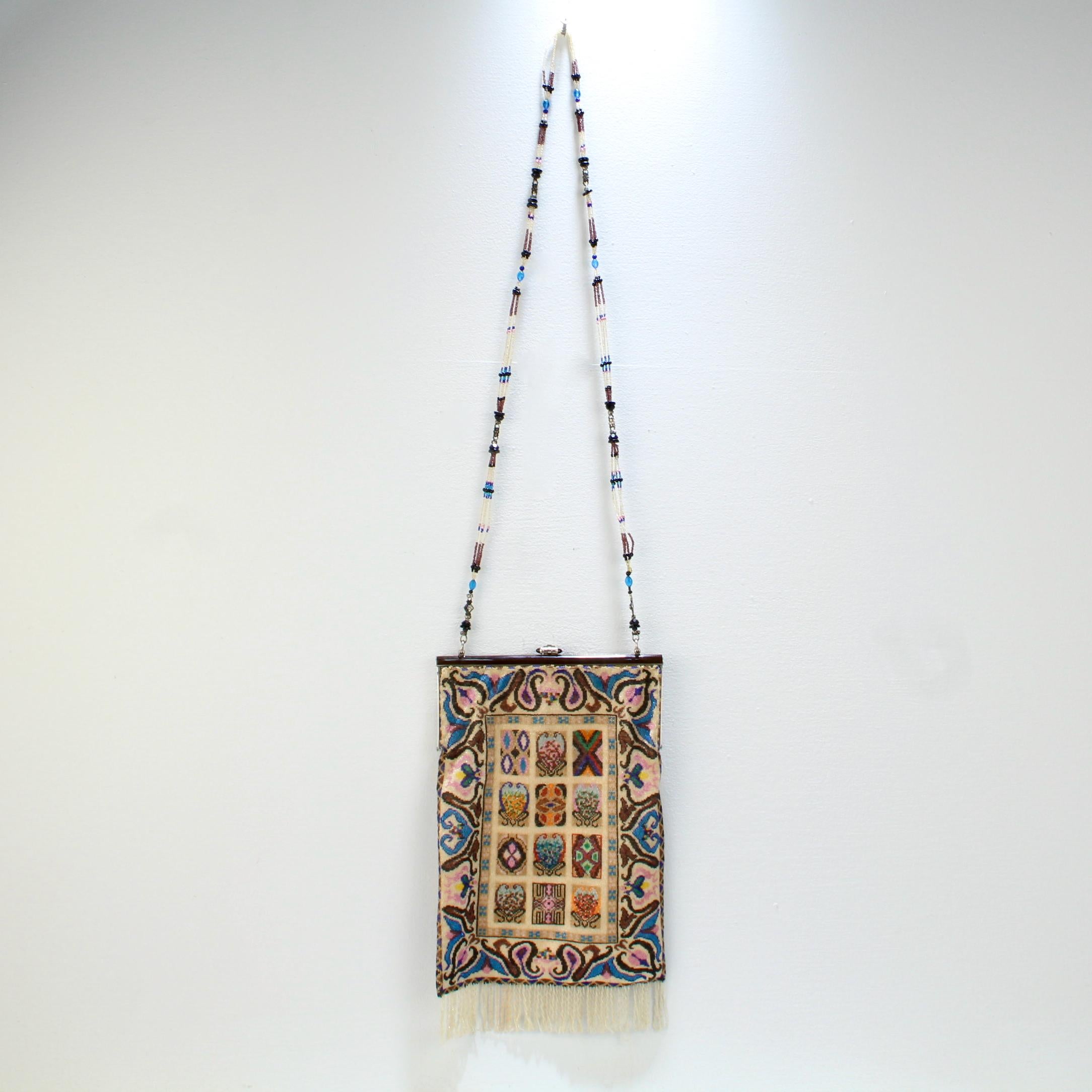Women's Antique Micro Rug / Tapestry Pattern Beaded Bag with an Enameled Marcasite Frame For Sale