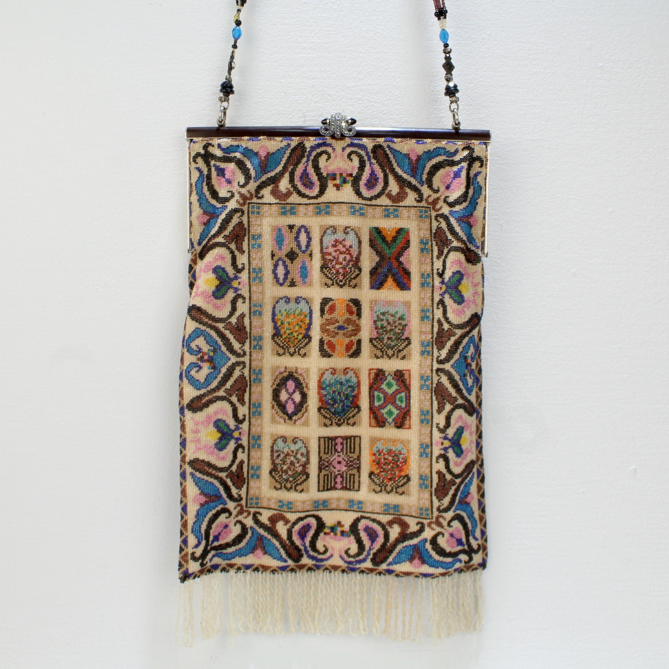 Antique Micro Rug / Tapestry Pattern Beaded Bag with an Enameled Marcasite Frame For Sale 1