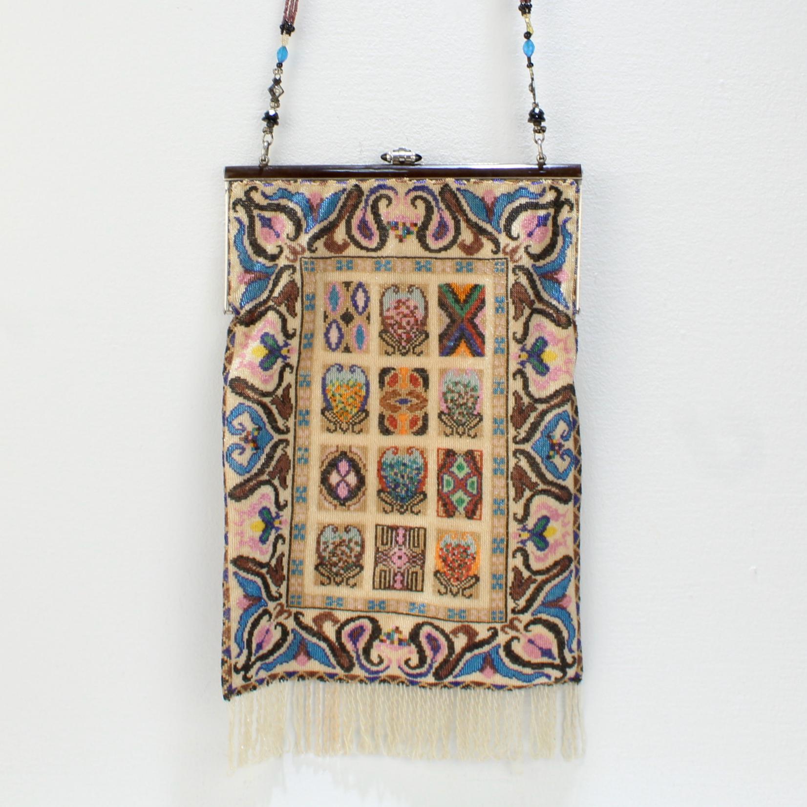 Antique Micro Rug / Tapestry Pattern Beaded Bag with an Enameled Marcasite Frame For Sale 2