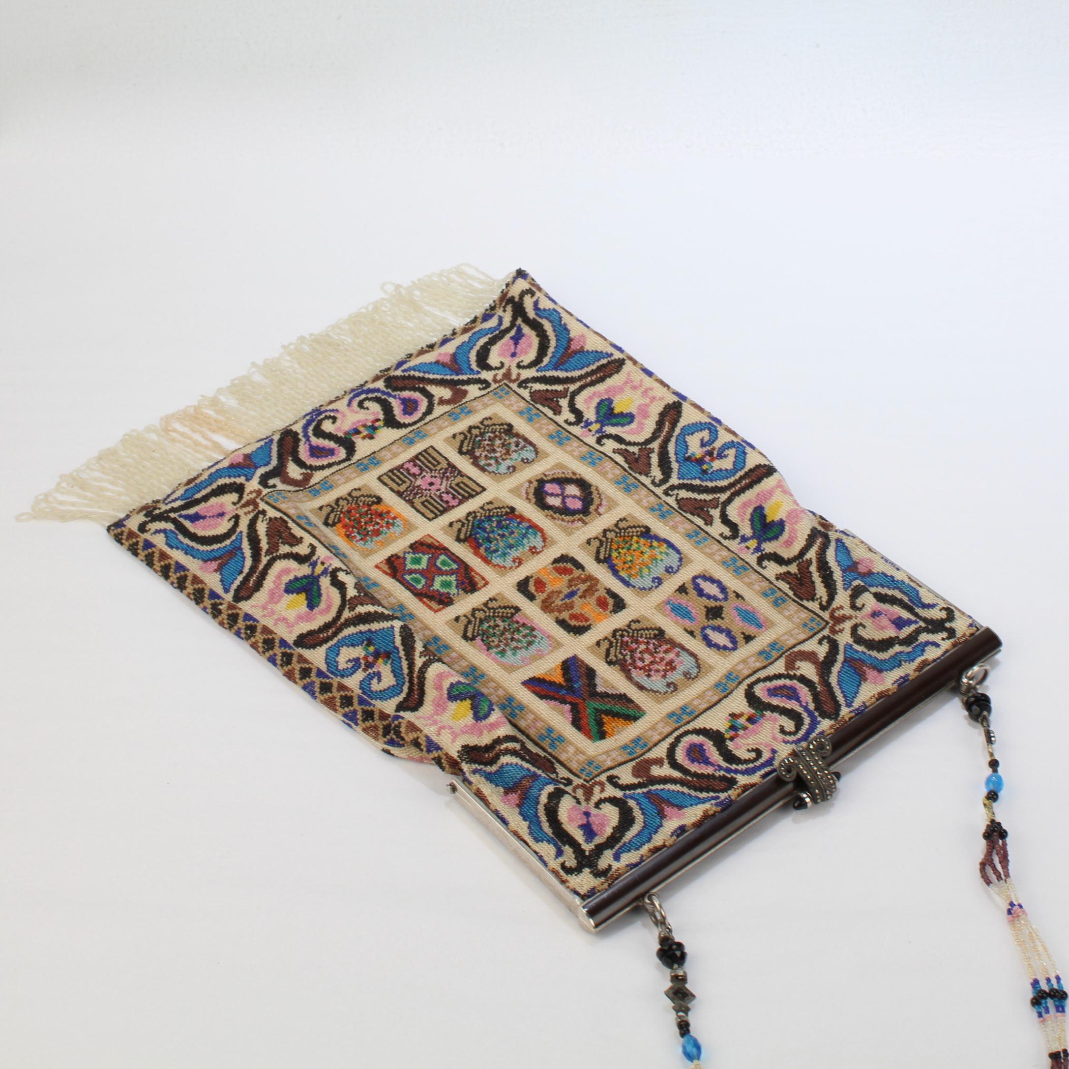 Antique Micro Rug / Tapestry Pattern Beaded Bag with an Enameled Marcasite Frame For Sale 3