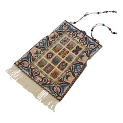 Antique Micro Rug / Tapestry Pattern Beaded Bag with an Enameled Marcasite Frame