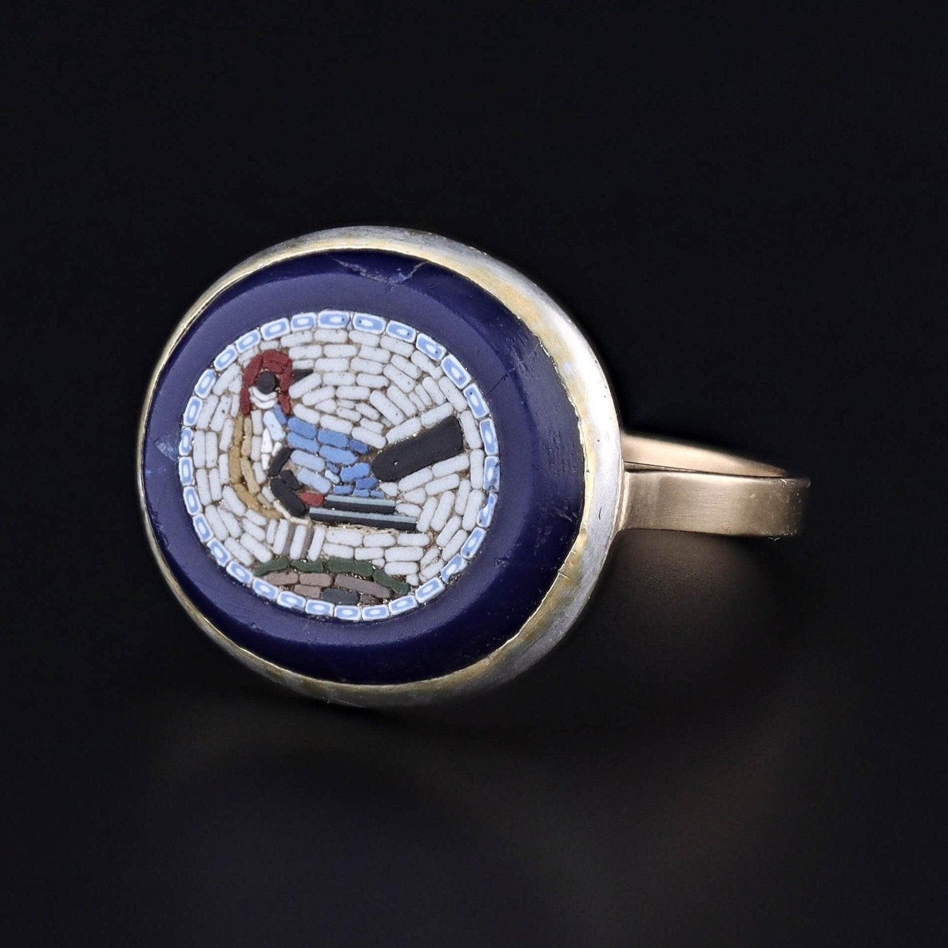 Victorian Antique Micromosaic Bird Conversion Ring of 14k Gold For Sale