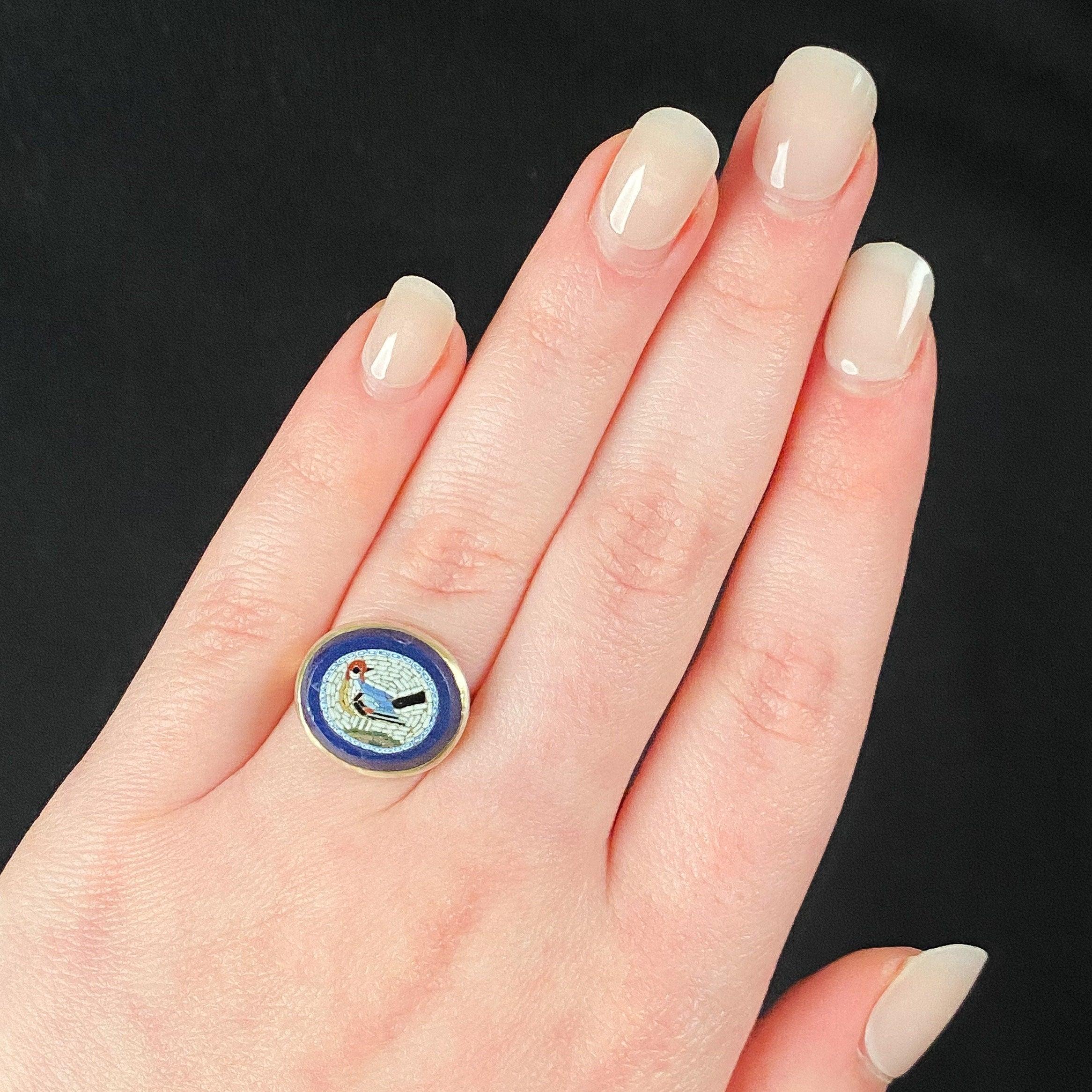 Antique Micromosaic Bird Conversion Ring of 14k Gold For Sale 2