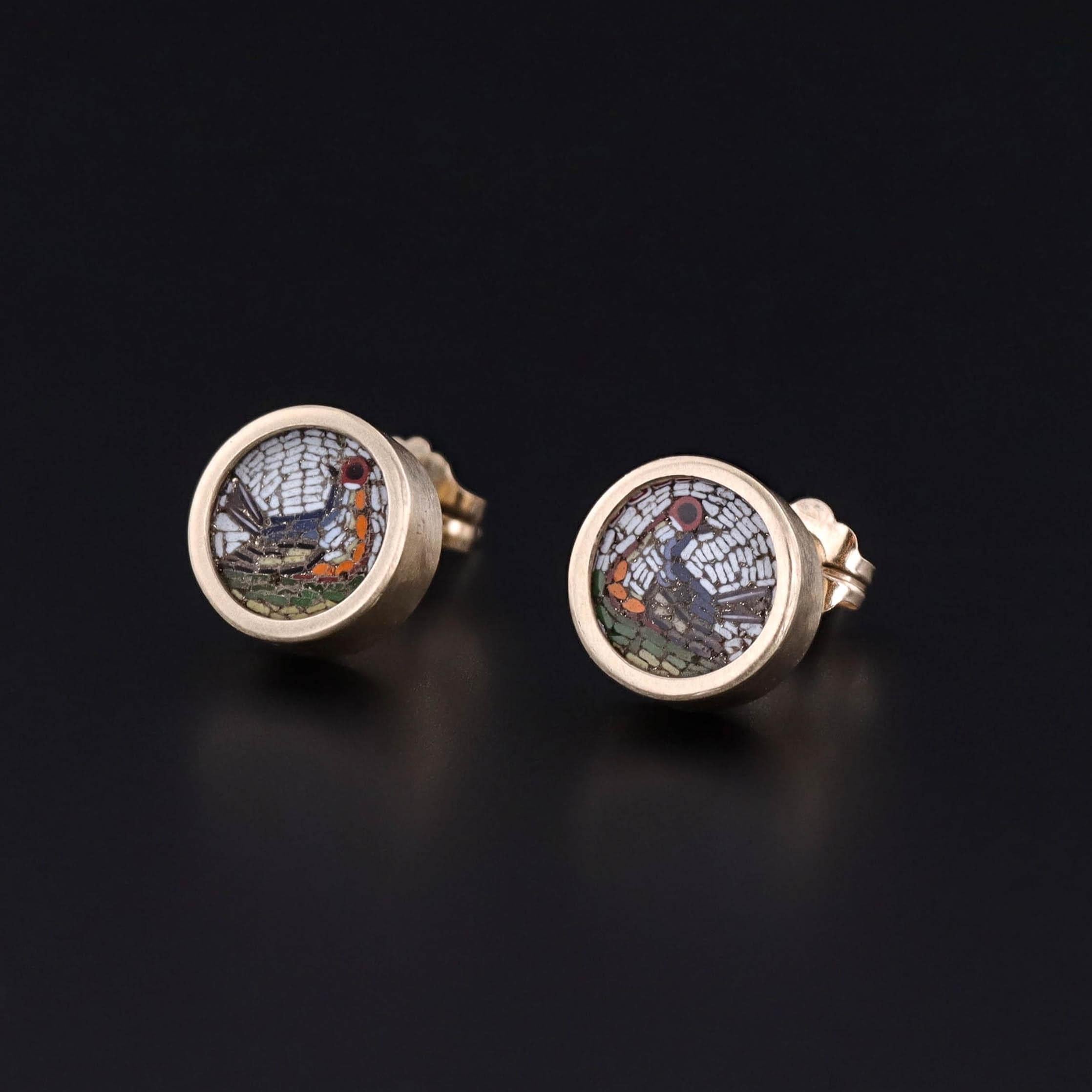 Antique Bird Earrings: These earrings feature micromosaic birds of hand set glass tesserae set in 14k gold. They were originally part of a broken Georgian bracelet (circa 1800-1830) that our jeweler transformed by adding 14k gold posts.

Each