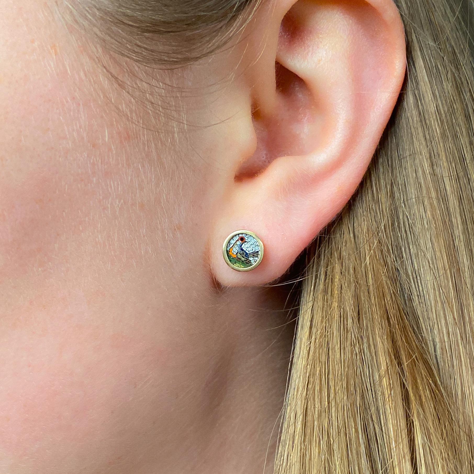 Women's Antique Micromosaic Bird Earrings of 14k Gold For Sale