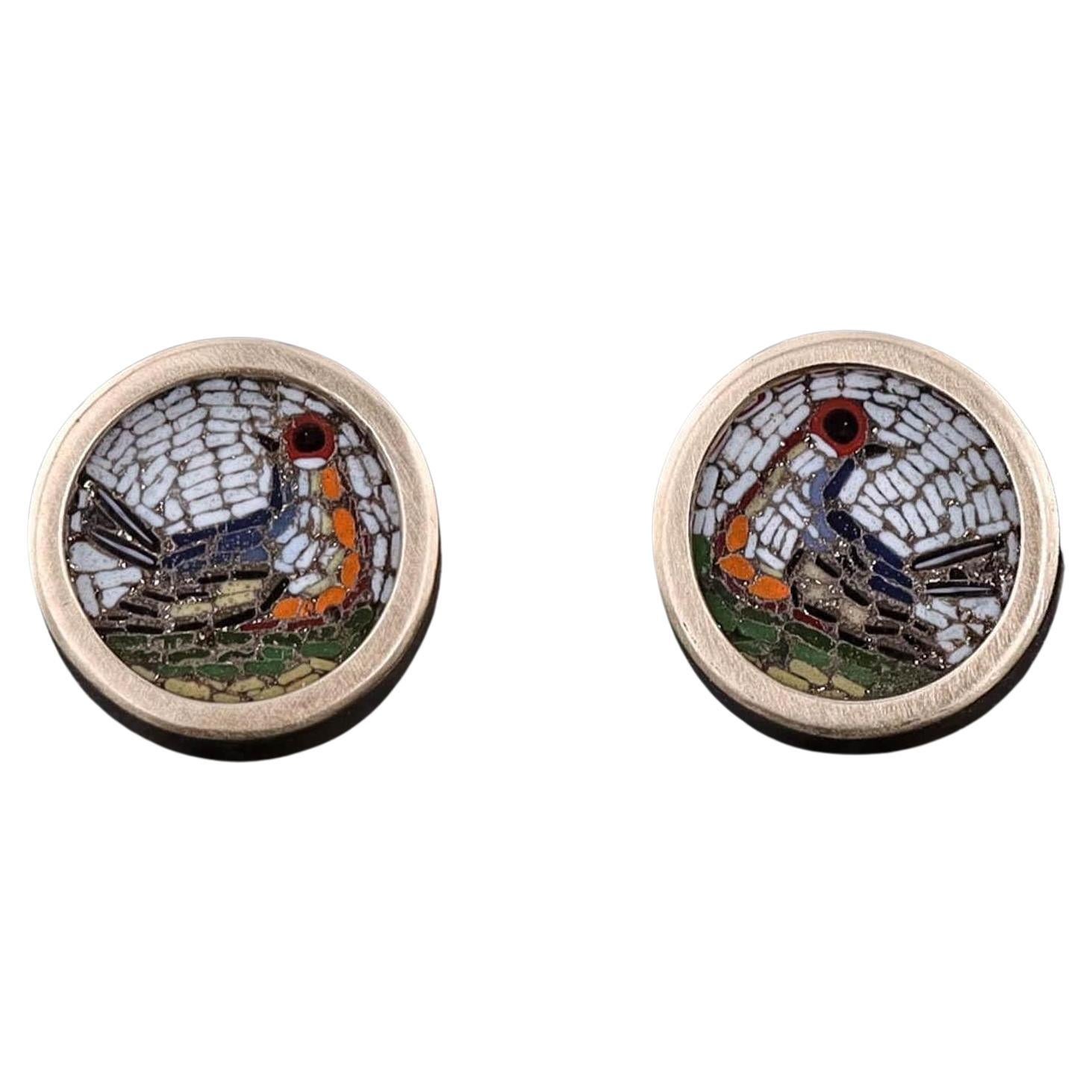 Antike Mikromosaik-Vogel-Ohrringe aus 14k Gold