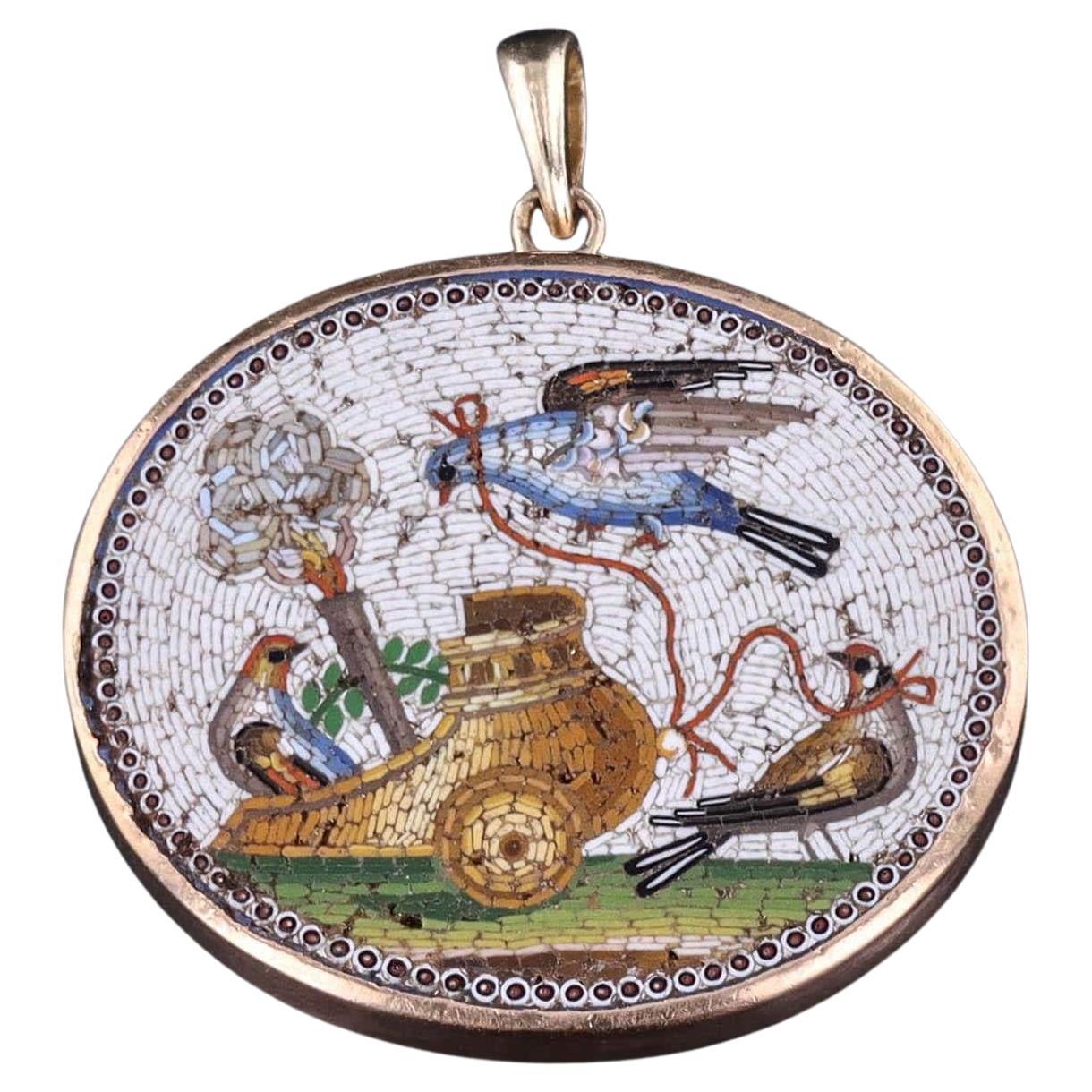 Antique Micromosaic Bird Pendant of 14k Gold