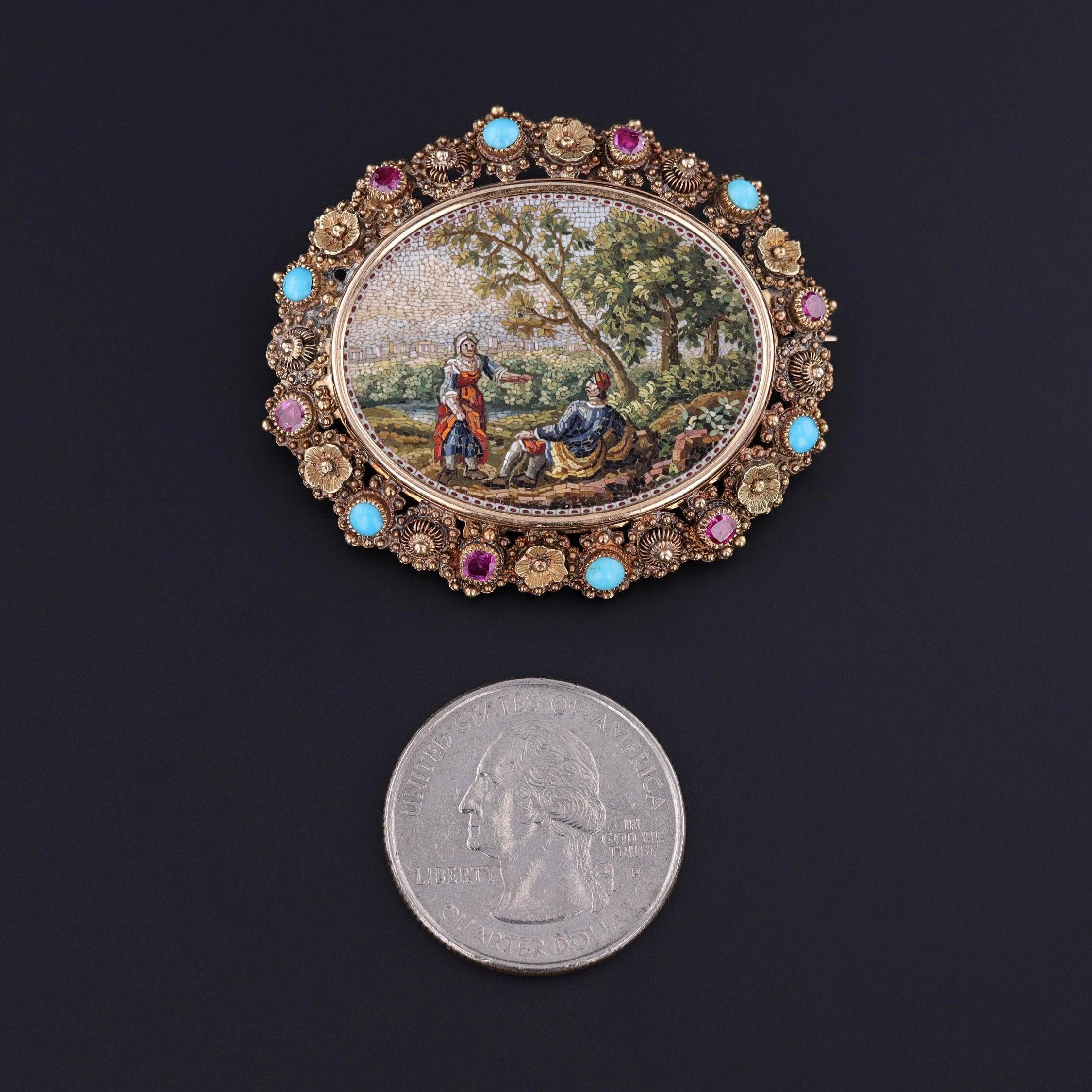 Antiguo Broche Micromosaico de Oro de 18k Renacimiento en venta