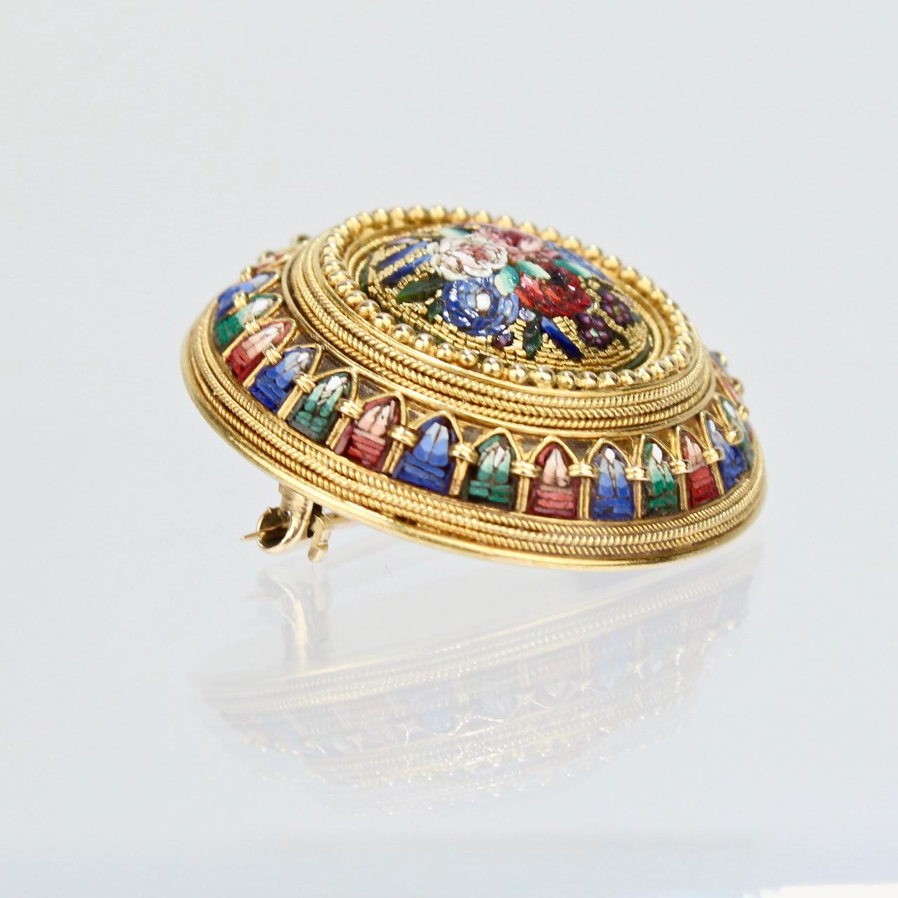 Antique Micromosaic Etruscan Revival Gold Brooch In Fair Condition In Philadelphia, PA