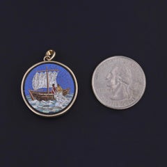 Antique Micromosaic Fishing Boat Pendant of 14k Gold