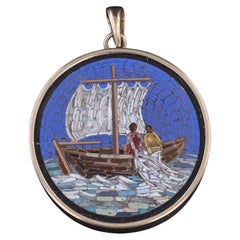 Antique Micromosaic Fishing Boat Pendant of 14k Gold