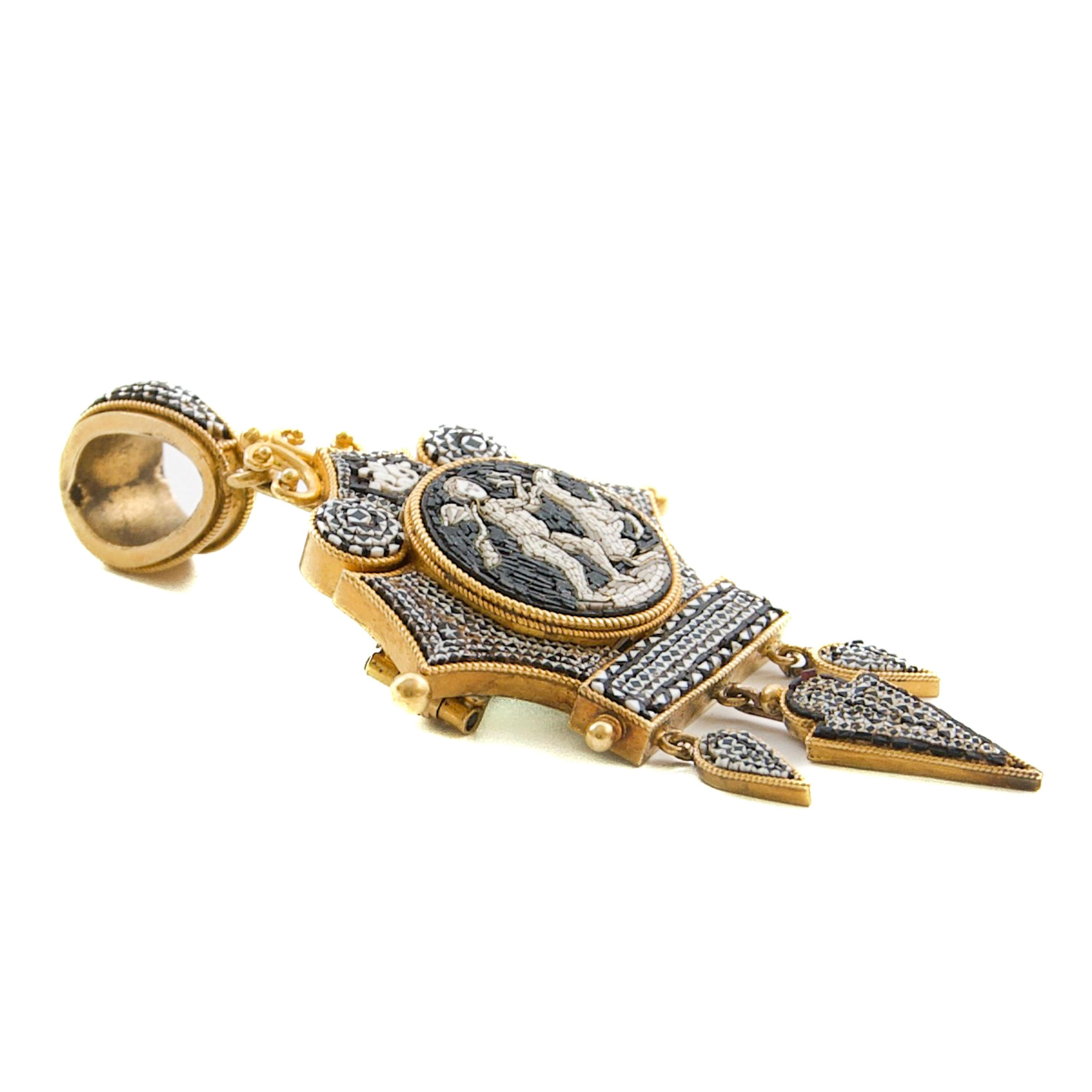 Antiker Mikromosaik-Anhänger Medaillon Brosche in 14K Gold, Grand Tour Epoche, 1850 für Damen oder Herren im Angebot