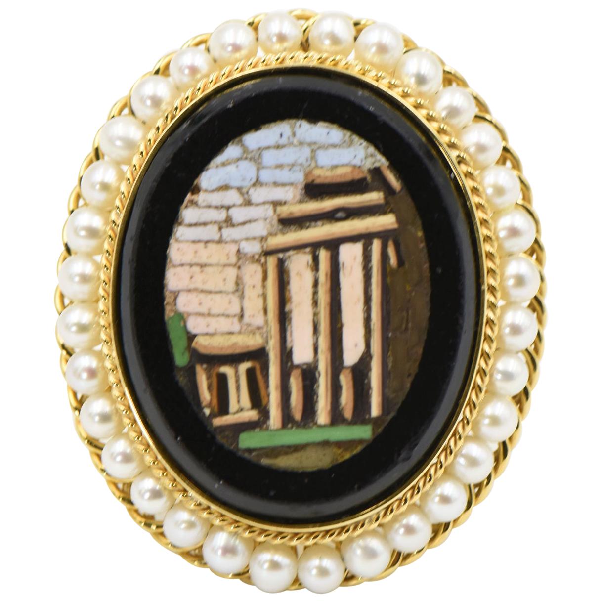 Antique Micromosaic Roman Architecture Scene Pearl and Gold Ring For Sale