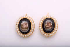 Antique Micromosaic Roman Architecture Scenes Pearl and Gold Earrings