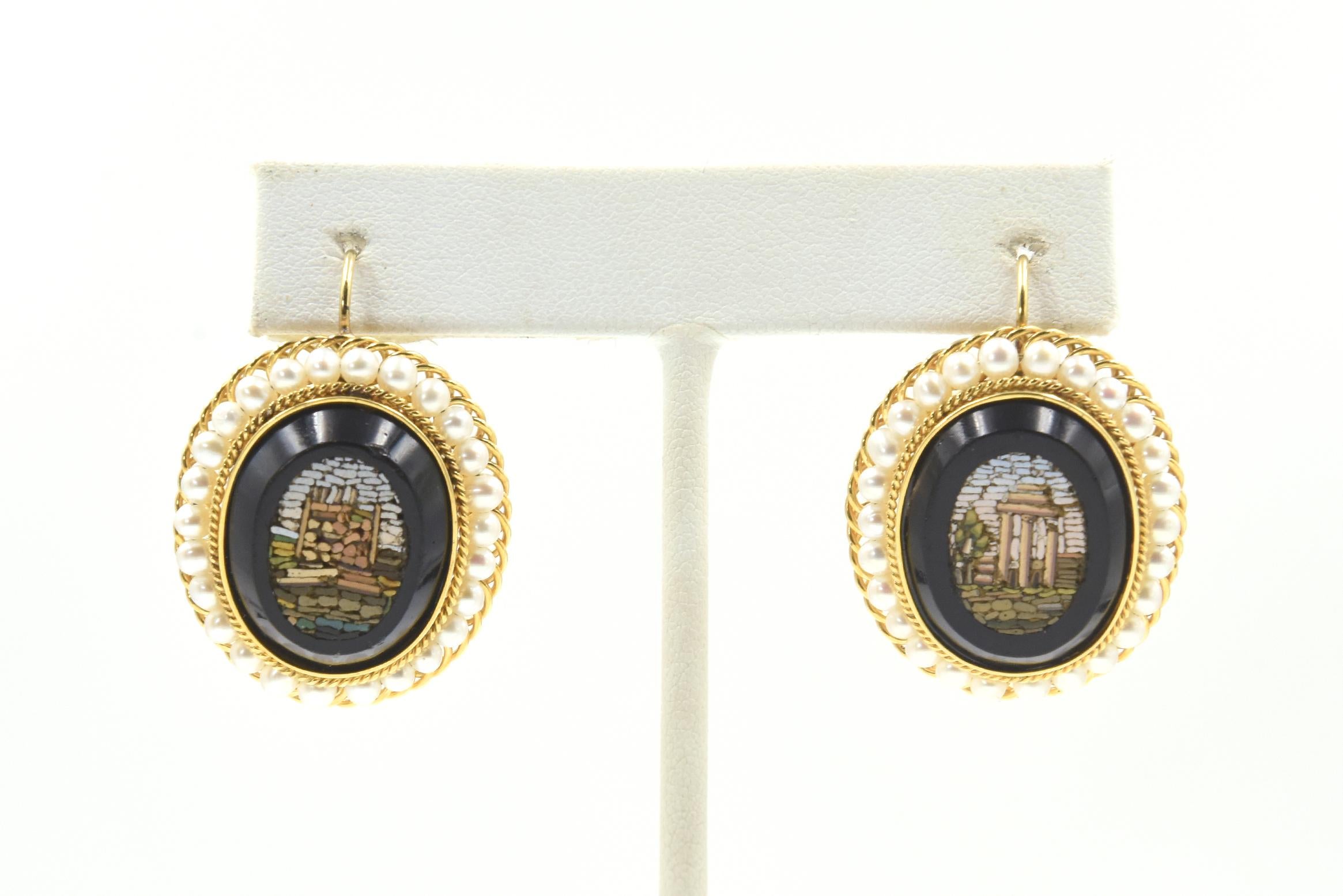 Antique Micromosaic Roman Architecture Scenes Pearl and Gold Earrings For Sale 4
