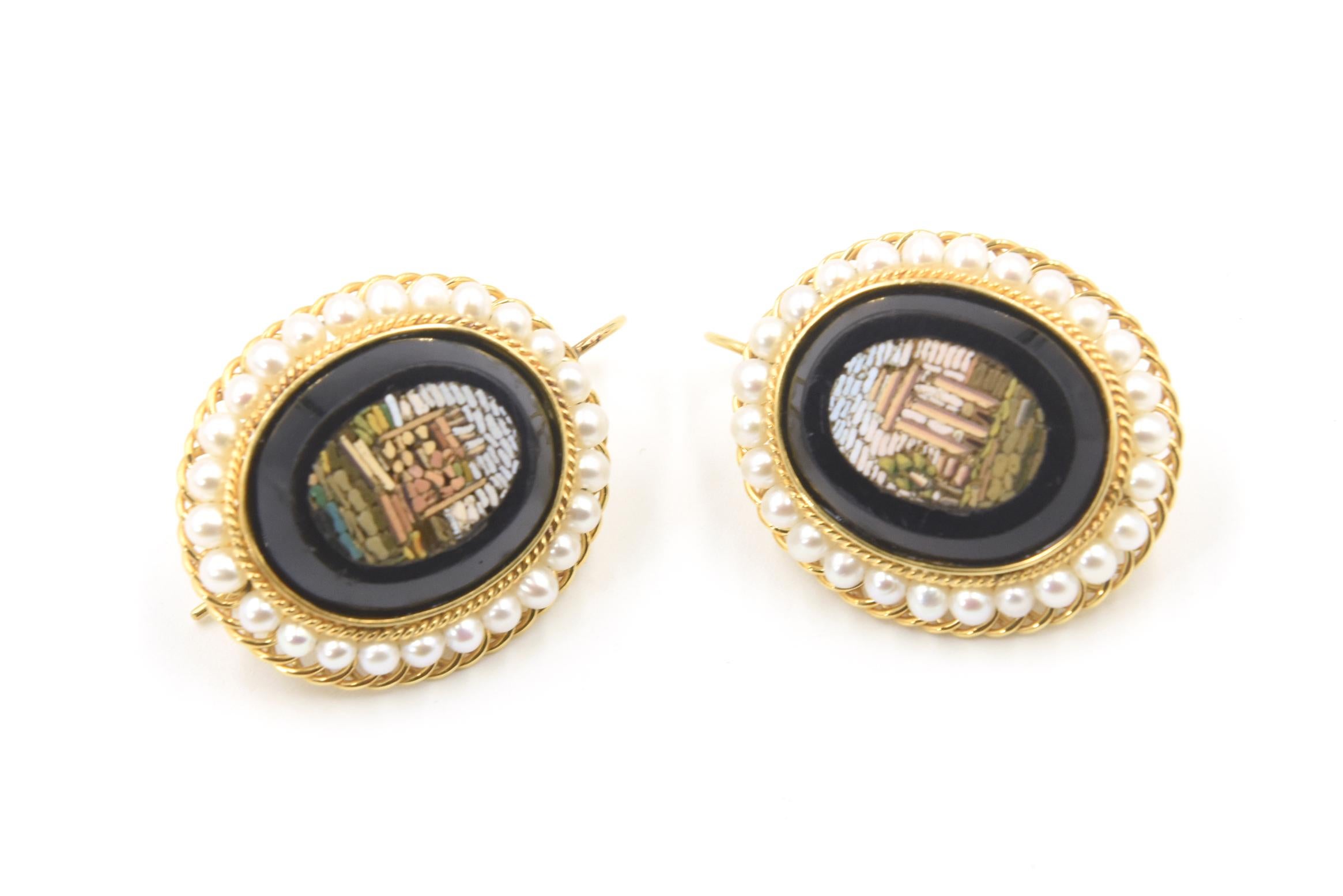 Antique Micromosaic Roman Architecture Scenes Pearl and Gold Earrings For Sale 5