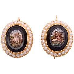 Vintage Micromosaic Roman Architecture Scenes Pearl and Gold Earrings