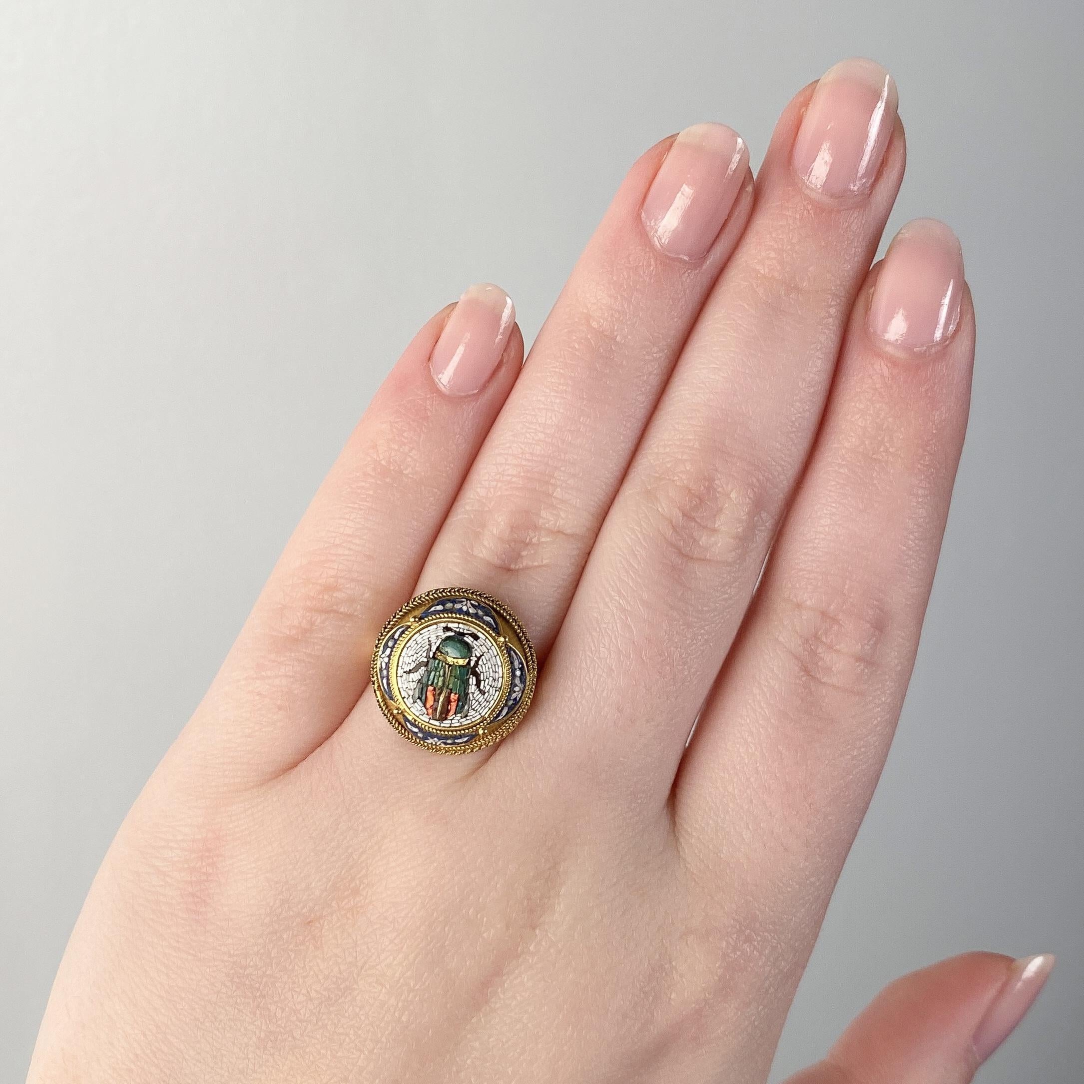 Women's or Men's Antique Micromosaic Scarab Ring of 18k Gold