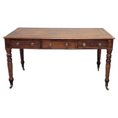 Antique Mid 1800s English Mahogany Partner Desk With Tooled Leather Top
