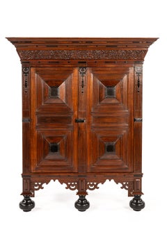 Antique mid 18th century Dutch Renaissance two door warm oak cabinet or Kussenka