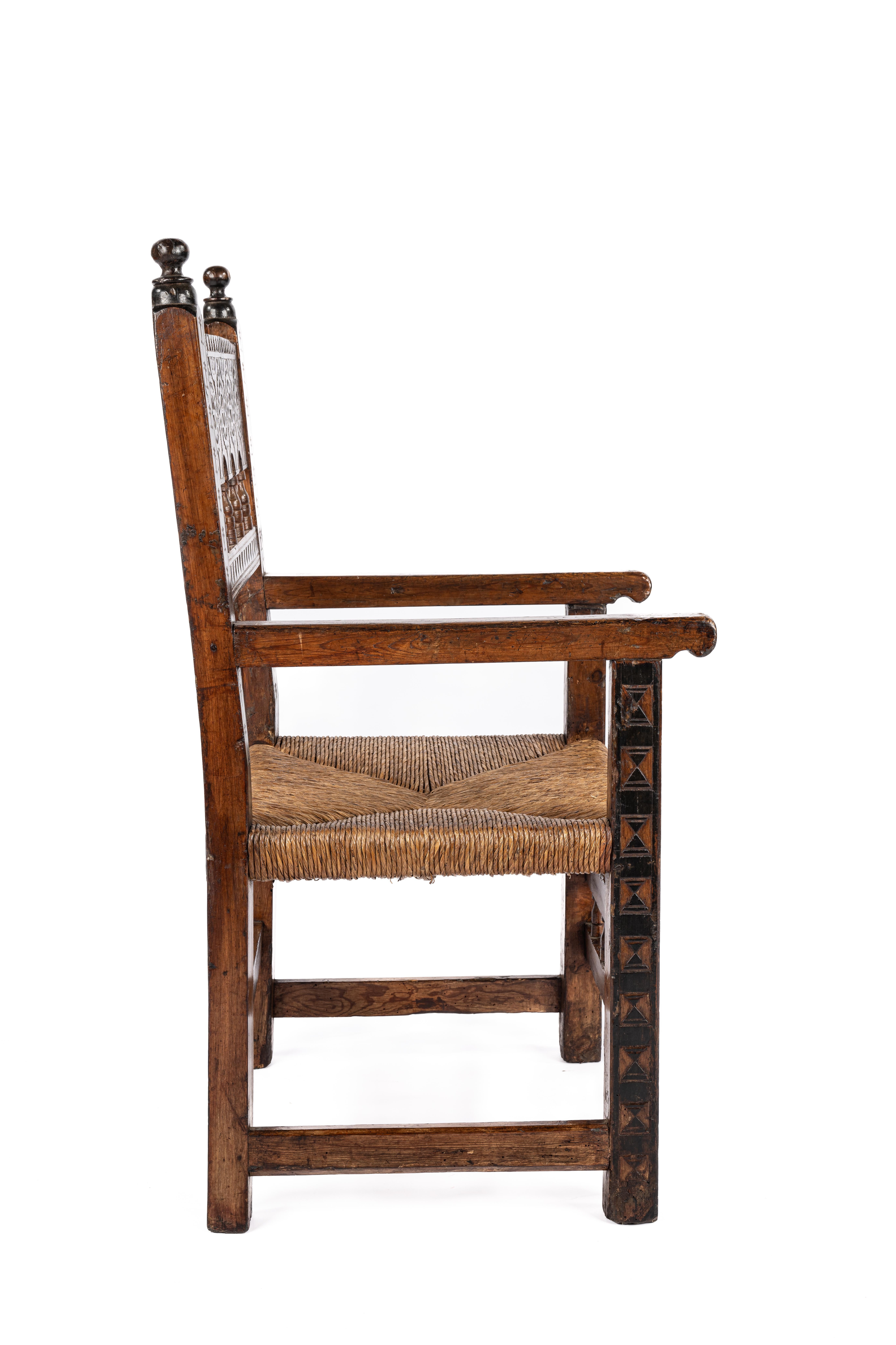 Moorish Antique mid 18th Century Large Spanish Pinewood Carved Arm chair or Fauteuil For Sale