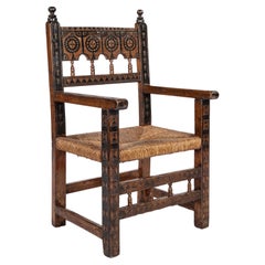 Antique mid 18th Century Large Spanish Pinewood Carved Arm chair or Fauteuil
