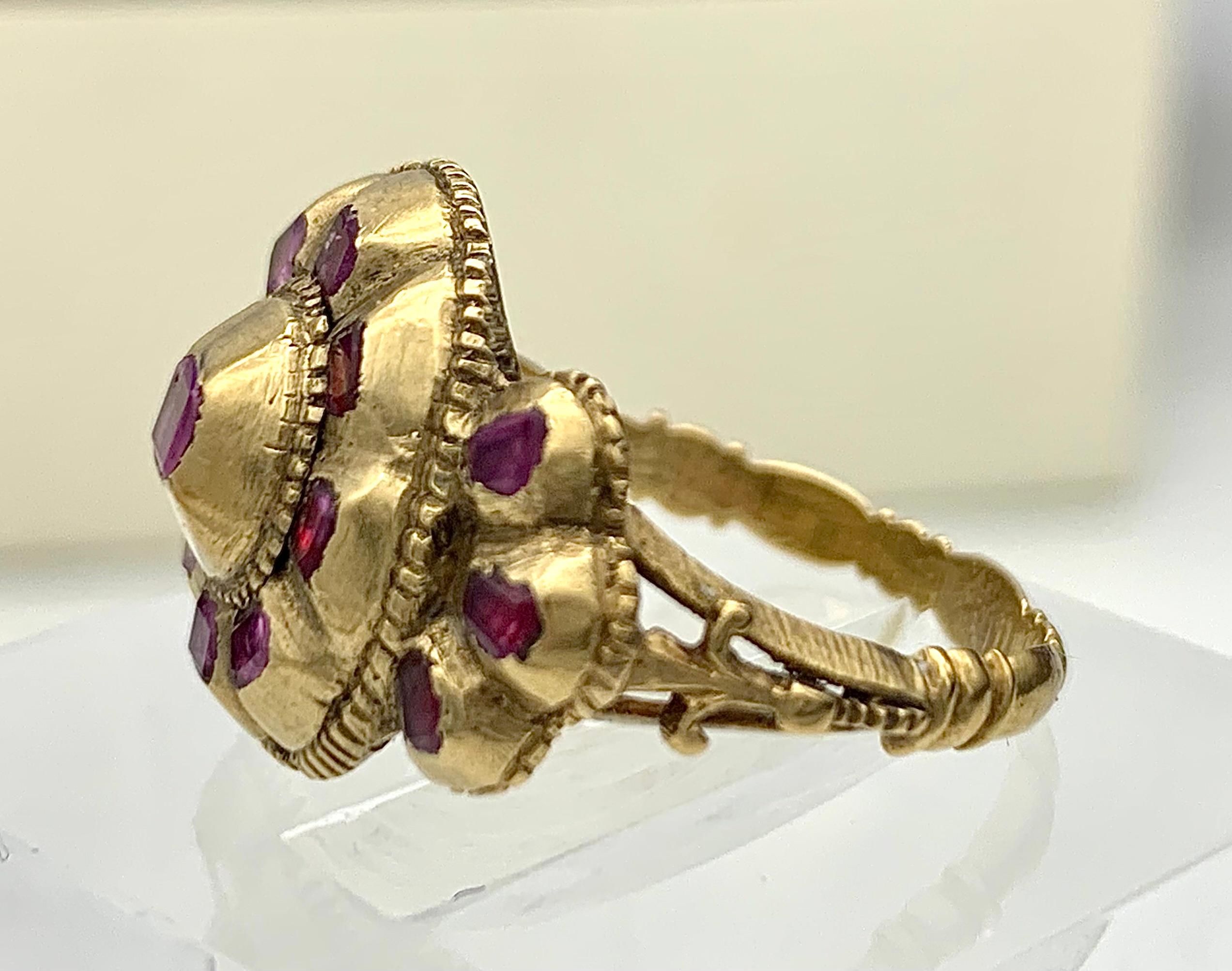 Mixed Cut Antique Mid-18th Century Ruby !8 Karat Gold Ring Flat Cut Rubies  For Sale