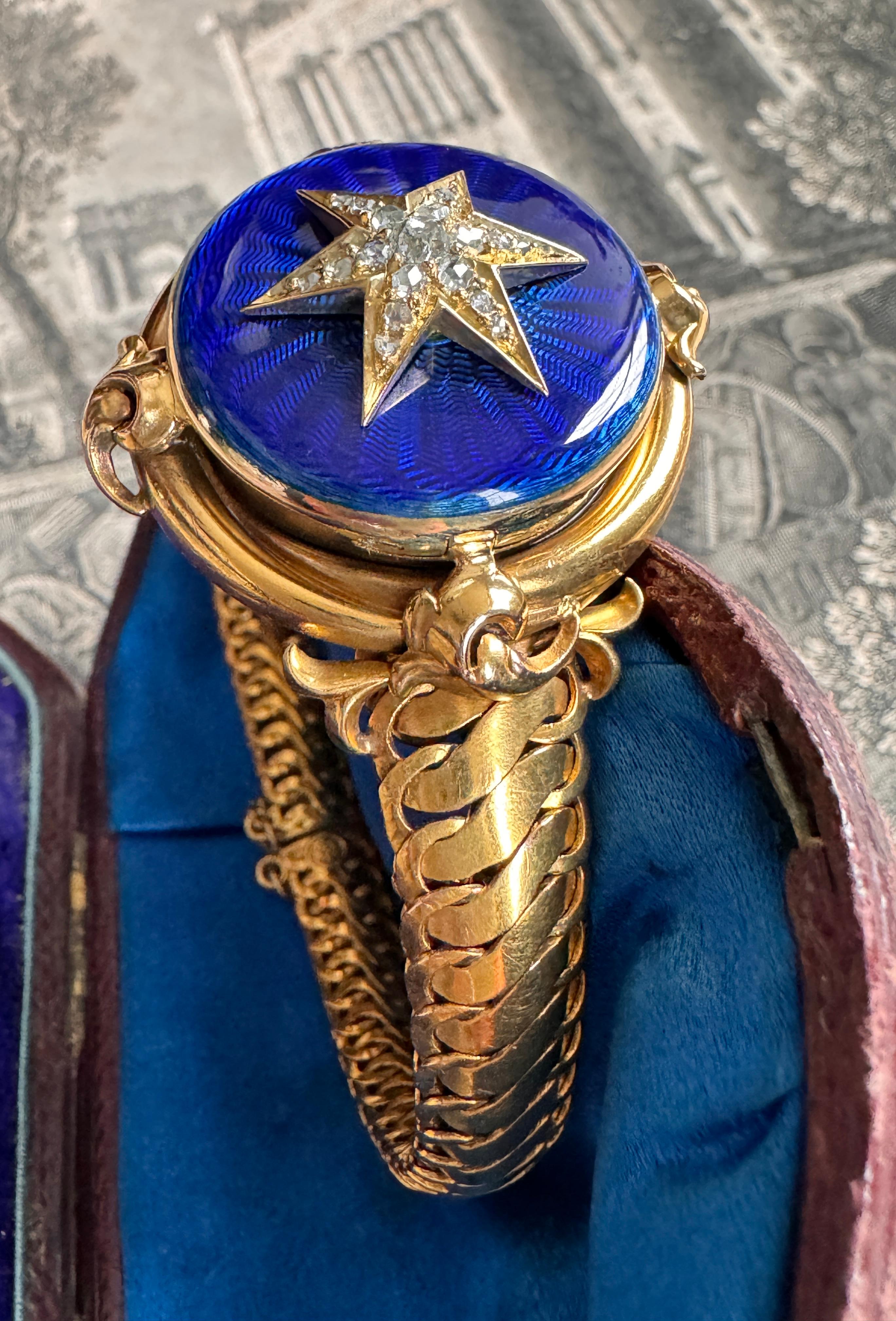 Old Mine Cut Antique Mid 19th C Blue Guilloche Enamel Locket Bracelet with Diamond Star For Sale