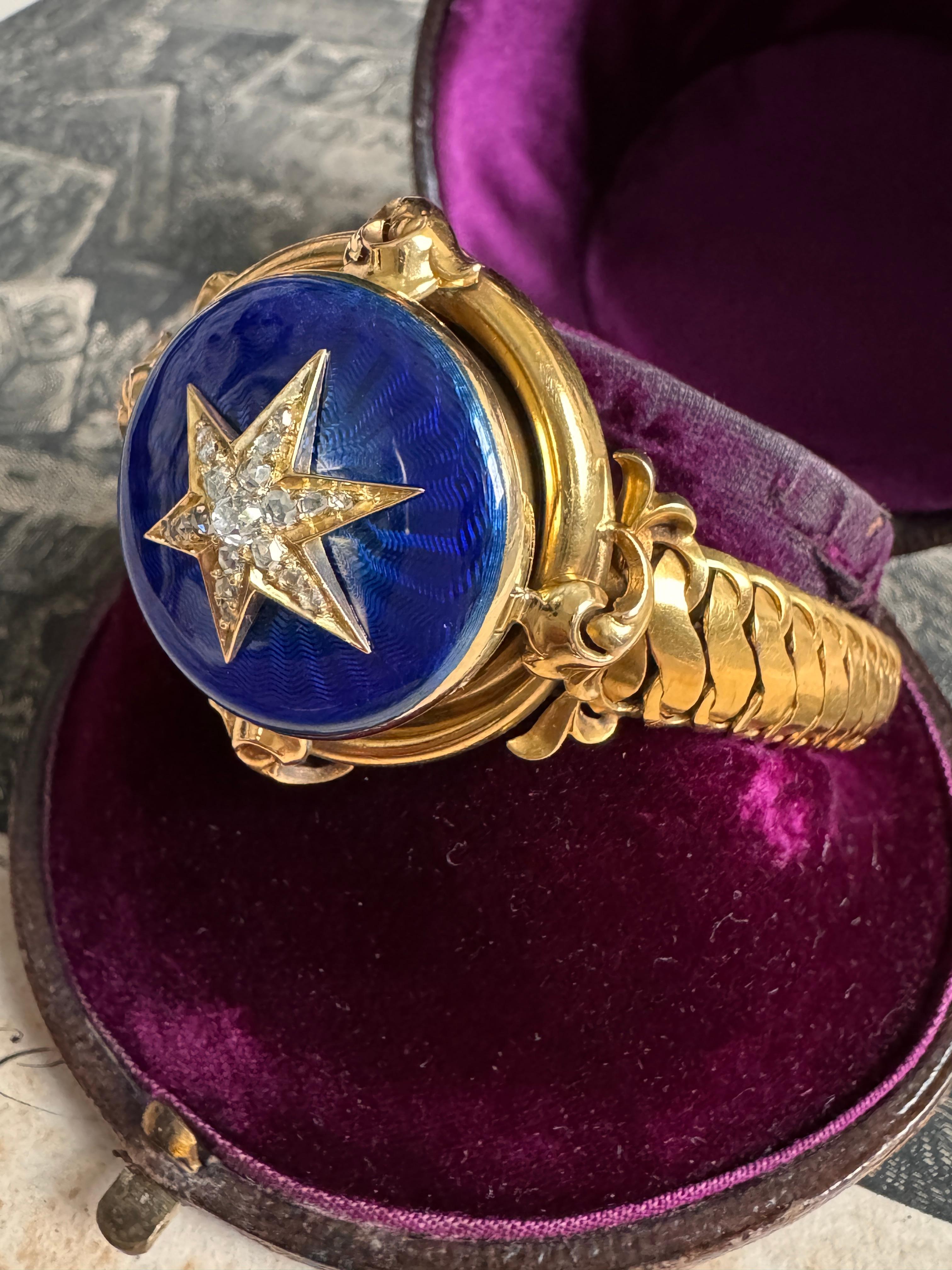 Antique Mid 19th C Blue Guilloche Enamel Locket Bracelet with Diamond Star In Good Condition For Sale In Hummelstown, PA