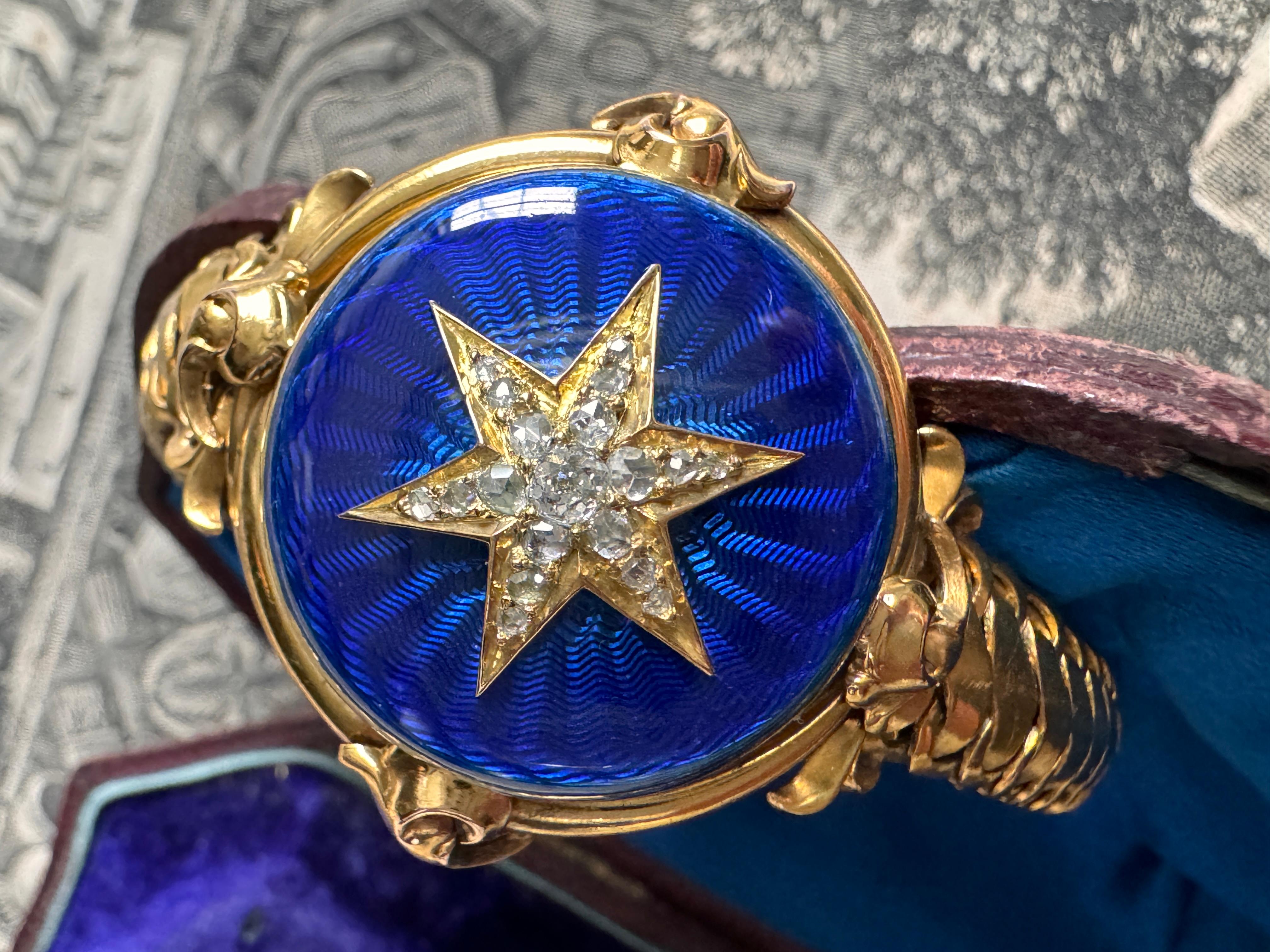 Women's Antique Mid 19th C Blue Guilloche Enamel Locket Bracelet with Diamond Star For Sale