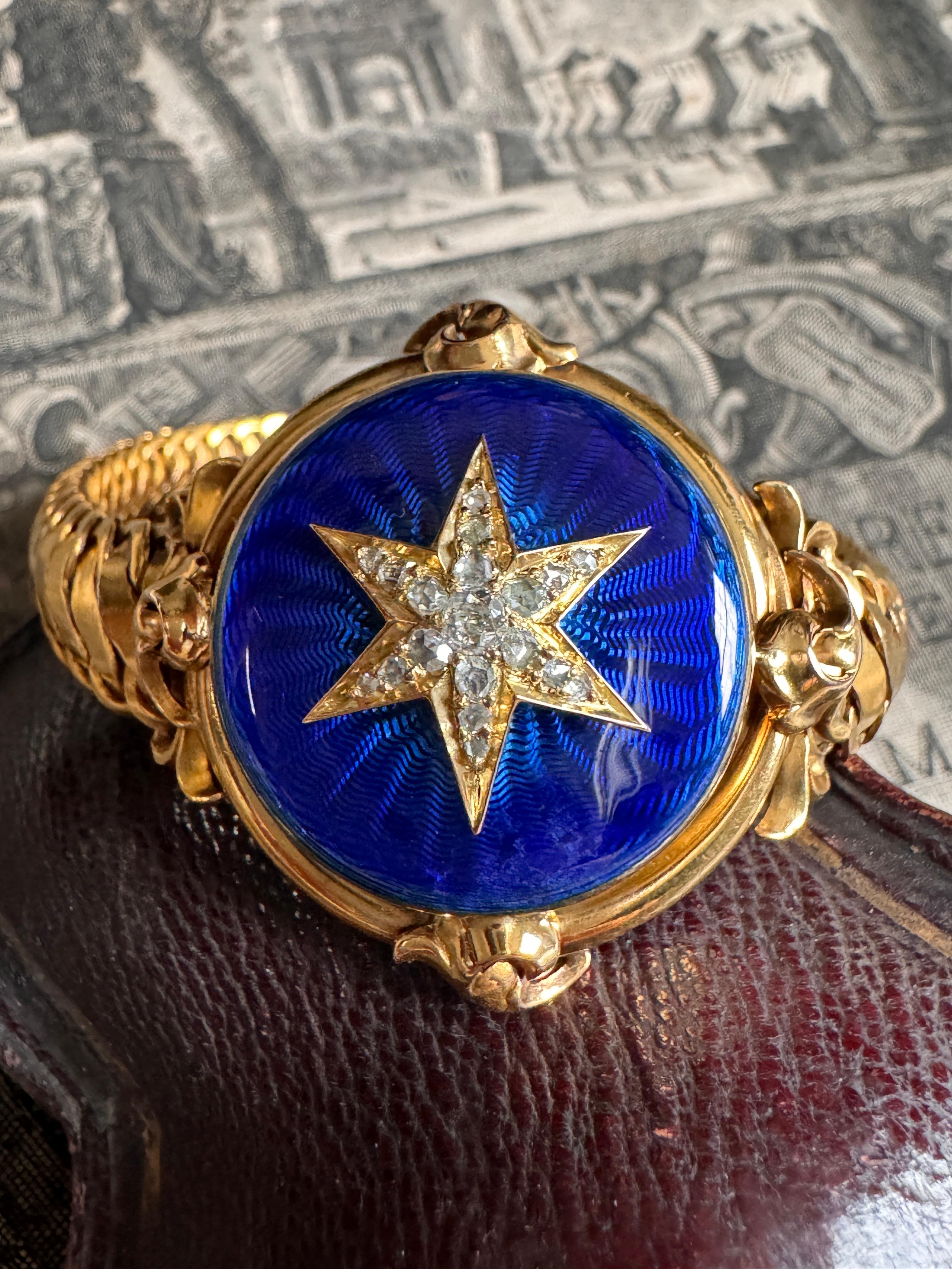Antique Mid 19th C Blue Guilloche Enamel Locket Bracelet with Diamond Star For Sale 2