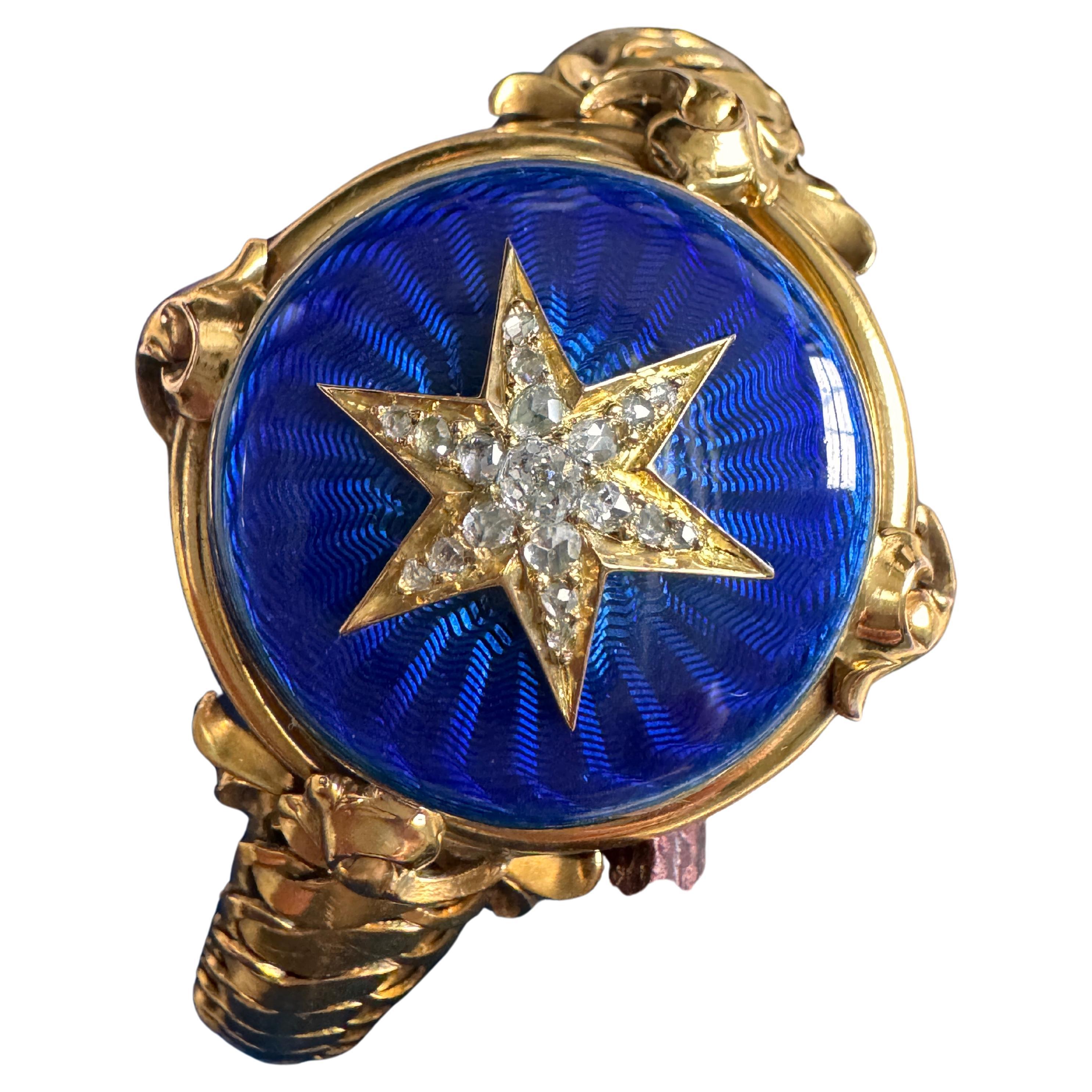 Antique Mid 19th C Blue Guilloche Enamel Locket Bracelet with Diamond Star For Sale