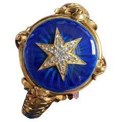 Antique Mid 19th C Blue Guilloche Enamel Locket Bracelet with Diamond Star