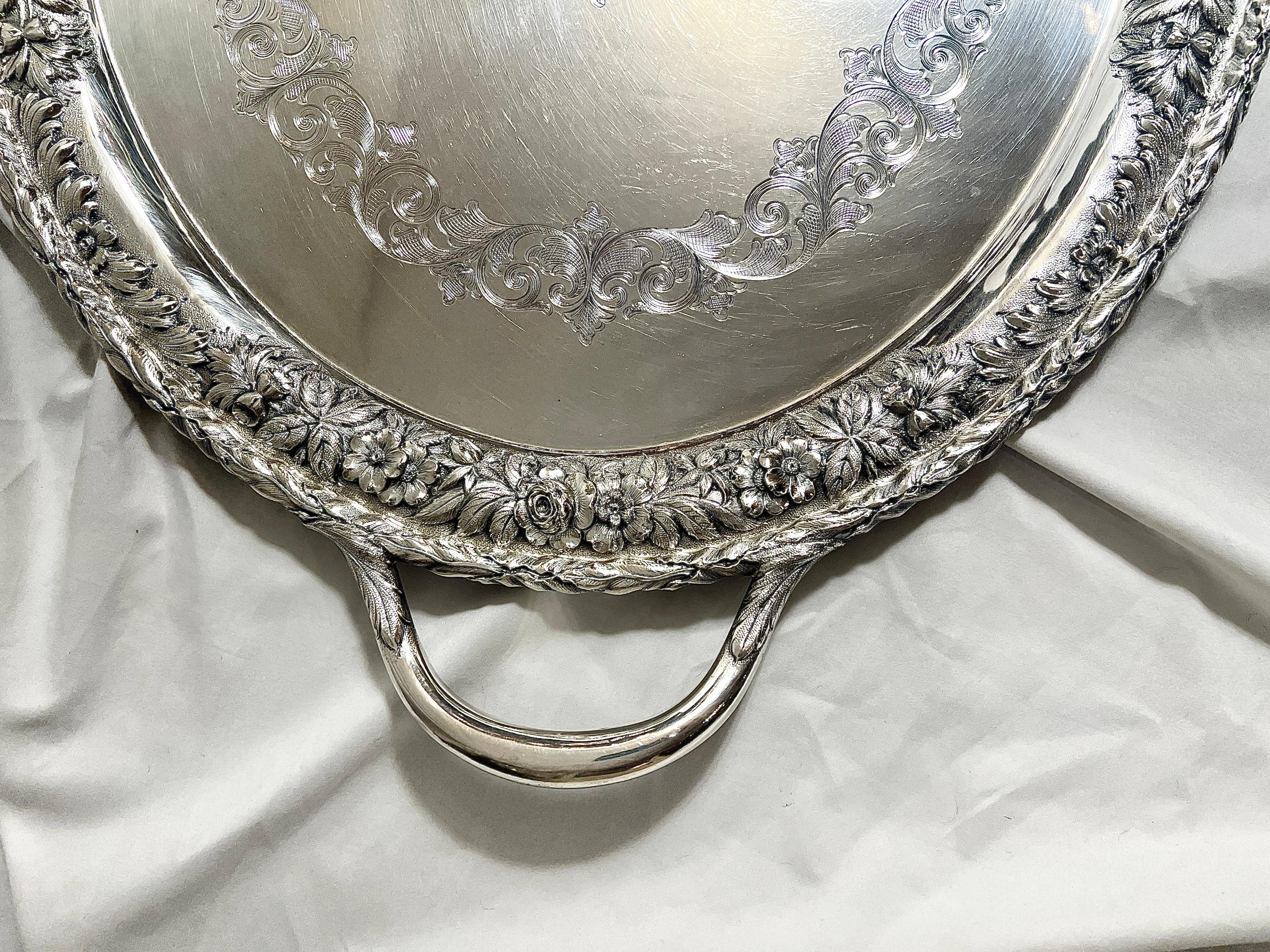 Bandeja antigua de plata de ley estadounidense de mediados del siglo XIX fabricada por 