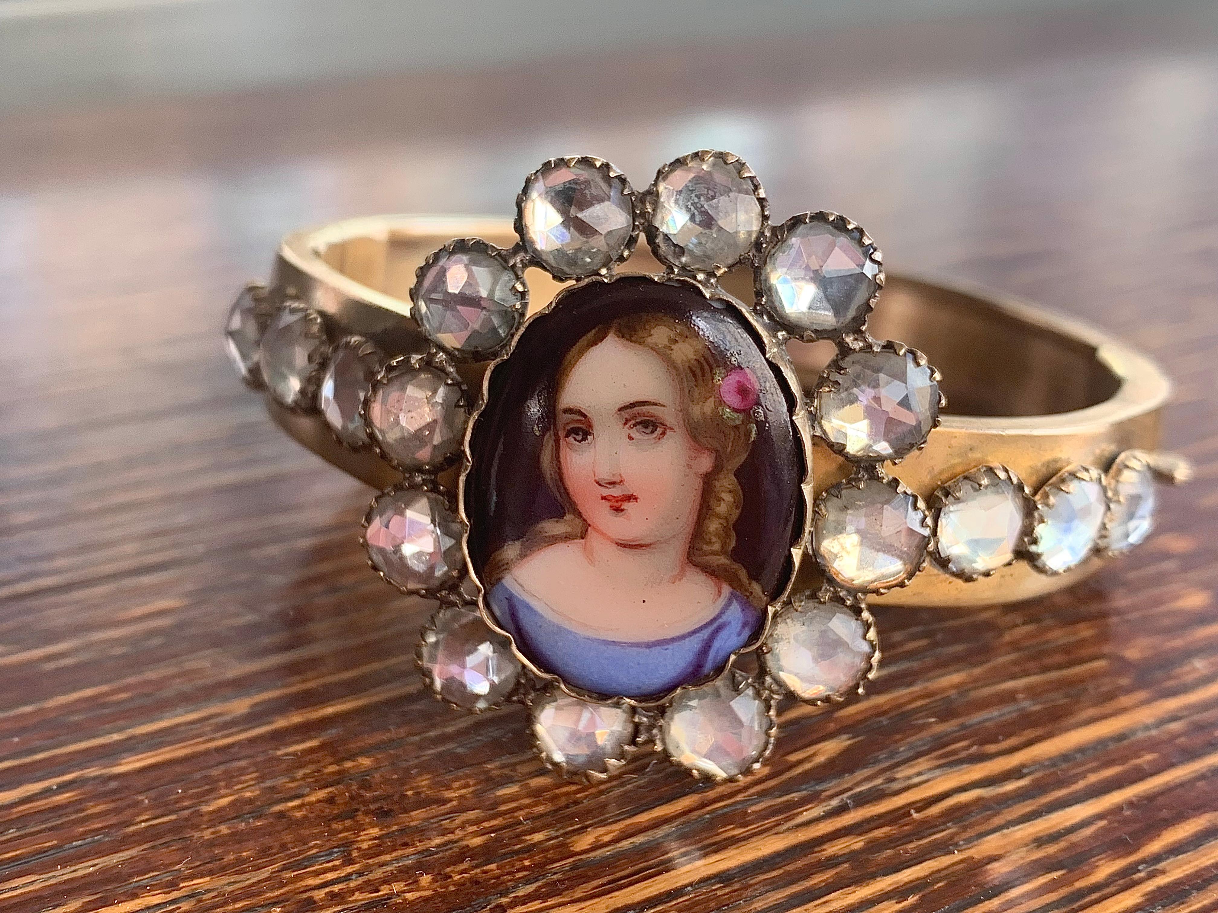 Vittoriano Antico Bangle Porcellain Miniature Gilt Metall Paste della metà del 19° secolo in vendita