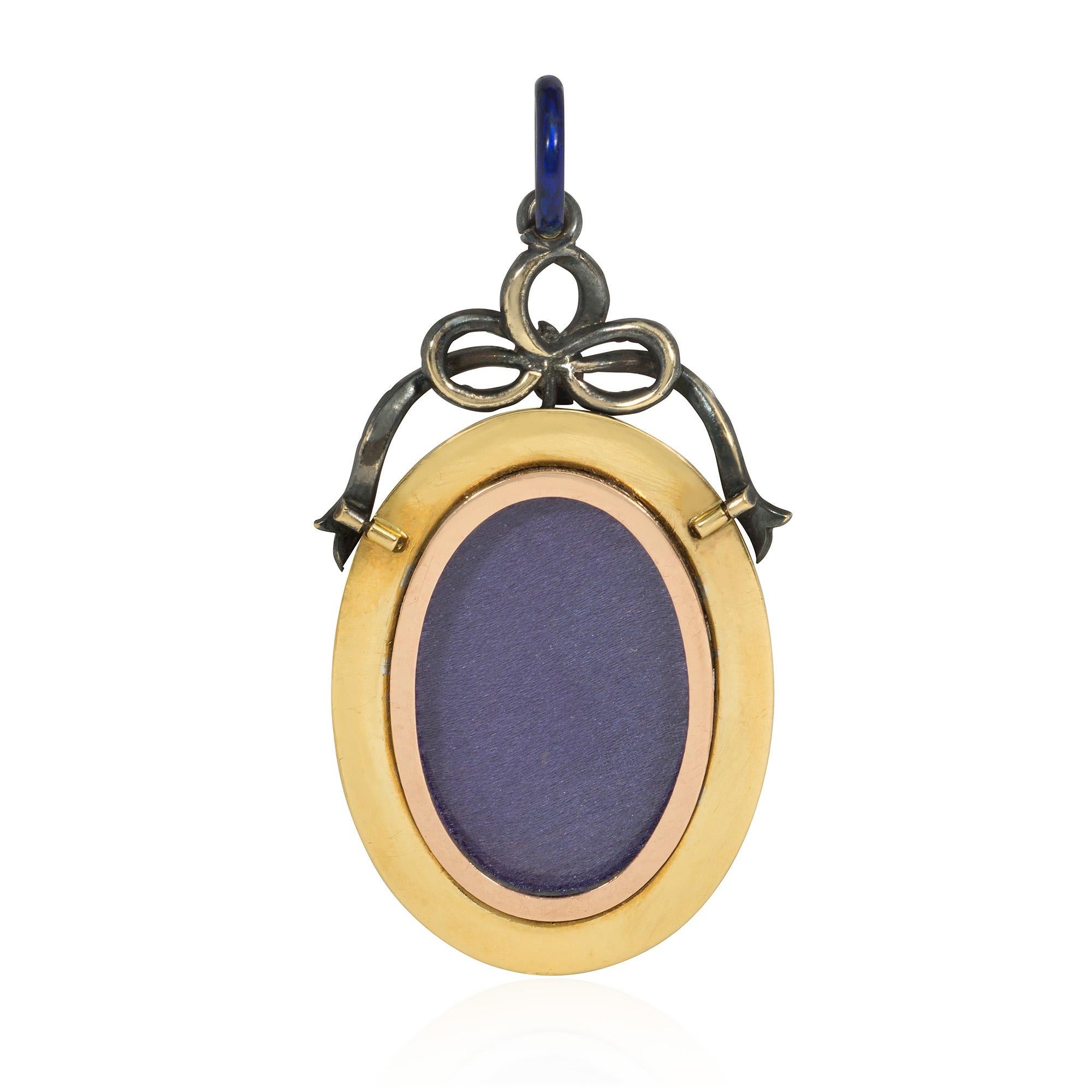 Victorian Antique Mid-19th Century Blue Enamel, Rose Diamond, and Gold Locket Pendant For Sale