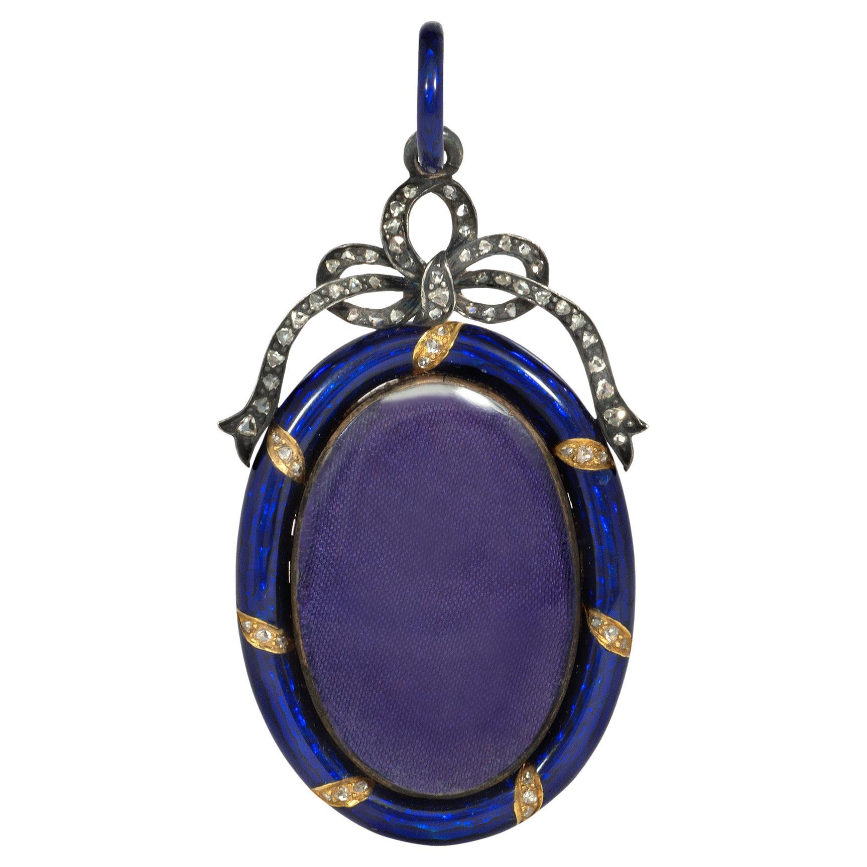 Antique Mid-19th Century Blue Enamel, Rose Diamond, and Gold Locket Pendant For Sale