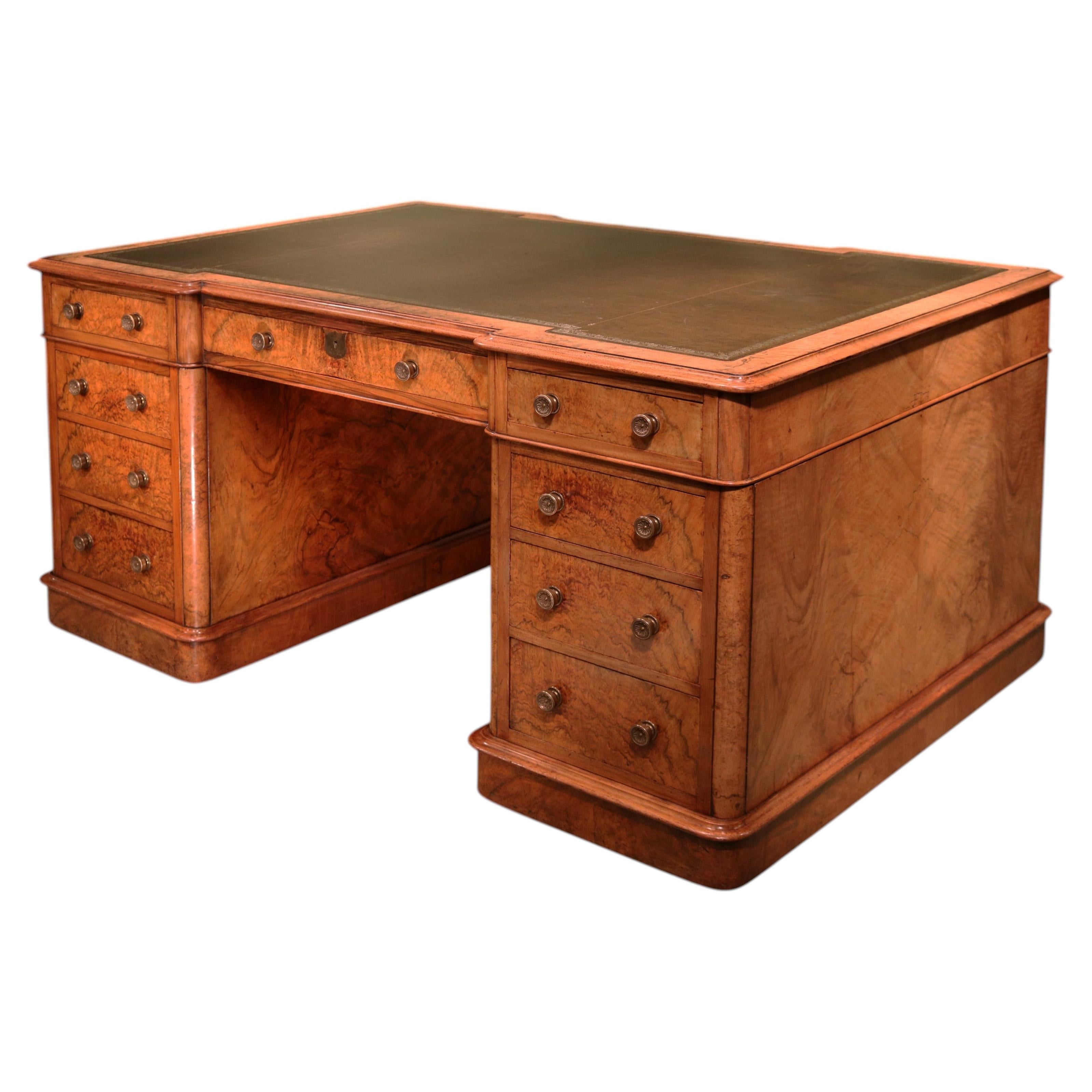 Antique mid 19th century burr walnut pedestal desk