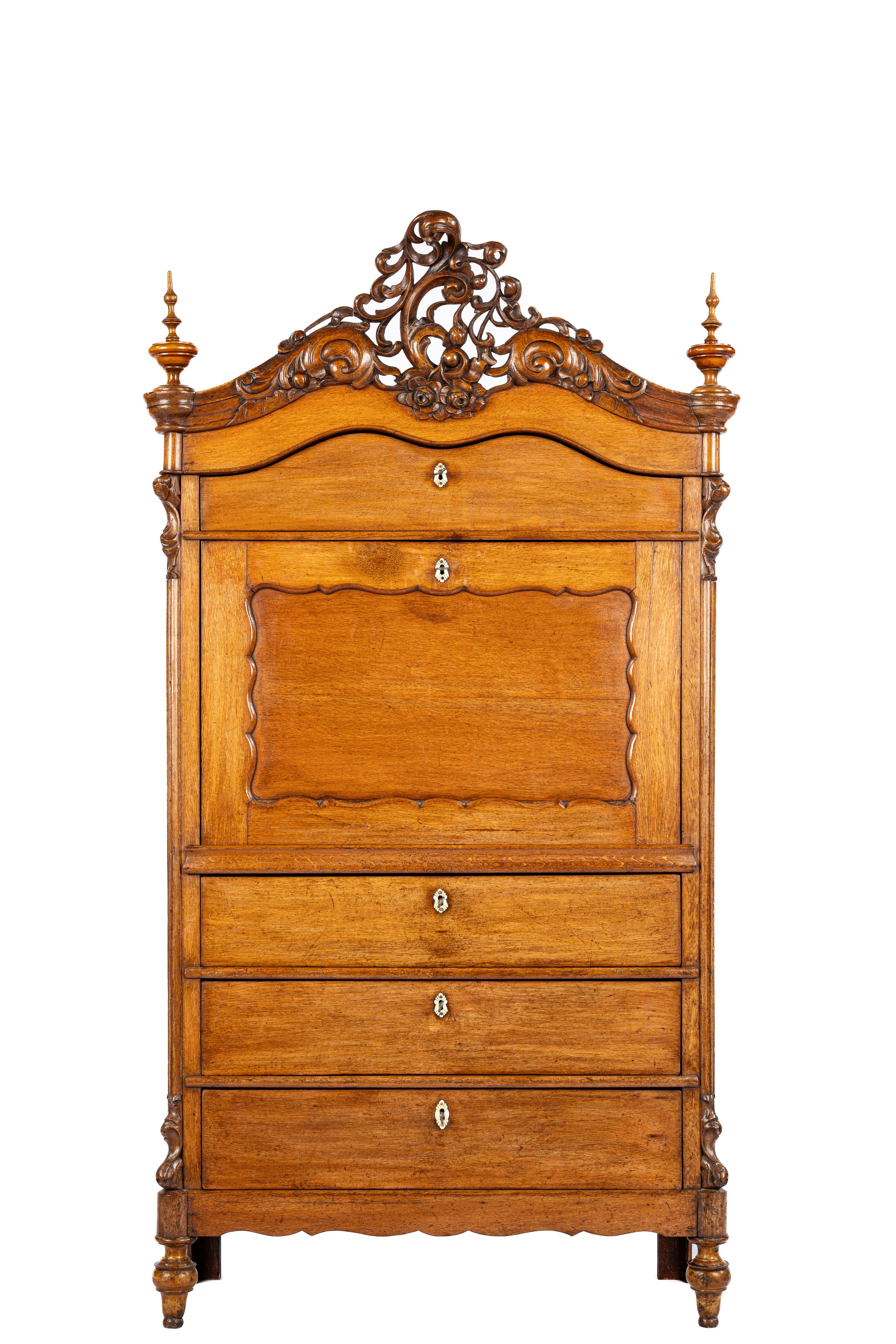 Carved Antique mid 19th century Dutch honey color oak Biedermeier Secretary Desk For Sale