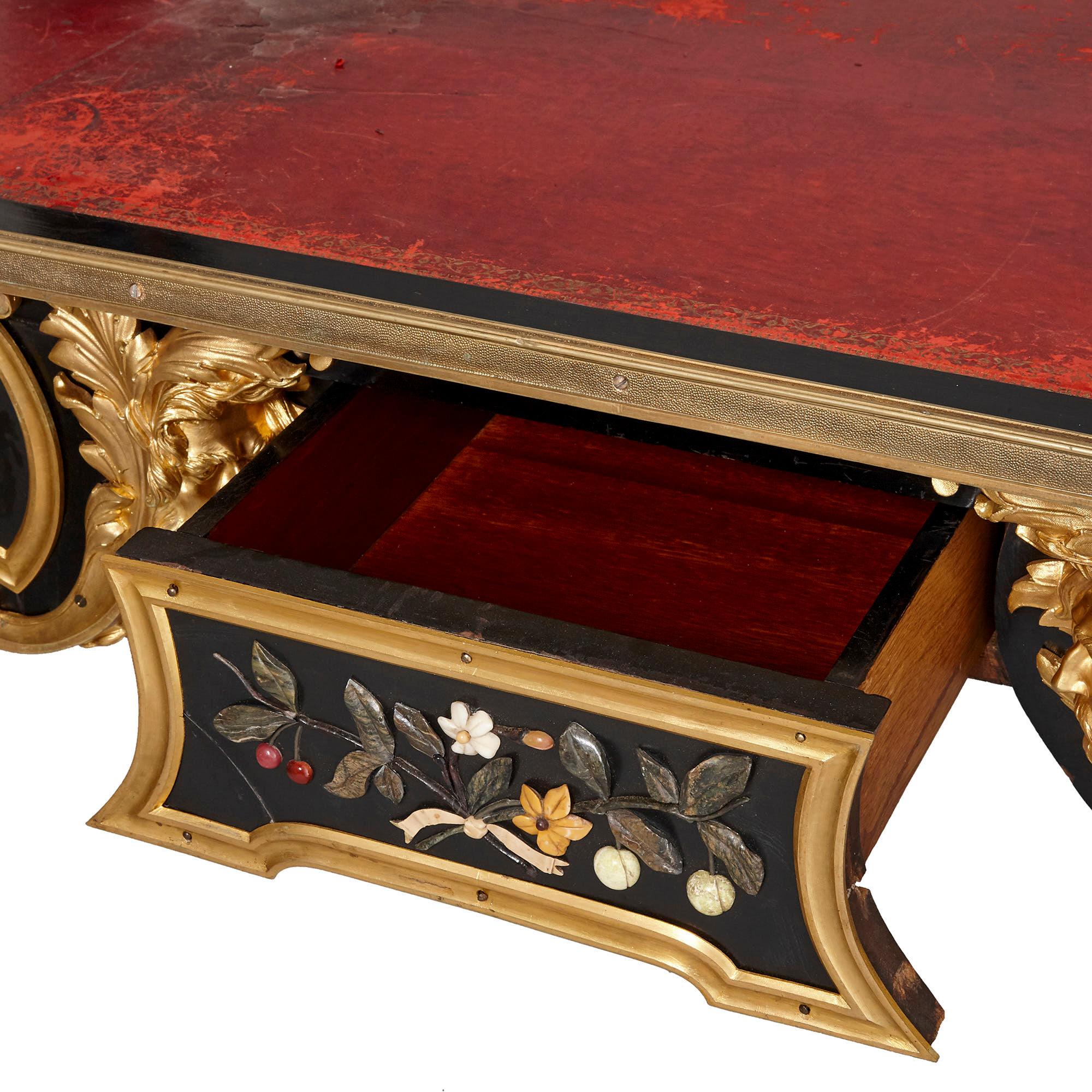 Napoleon III Antique Mid-19th Century Ebonised Wood, Gilt Bronze and Pietra Dura Desk For Sale