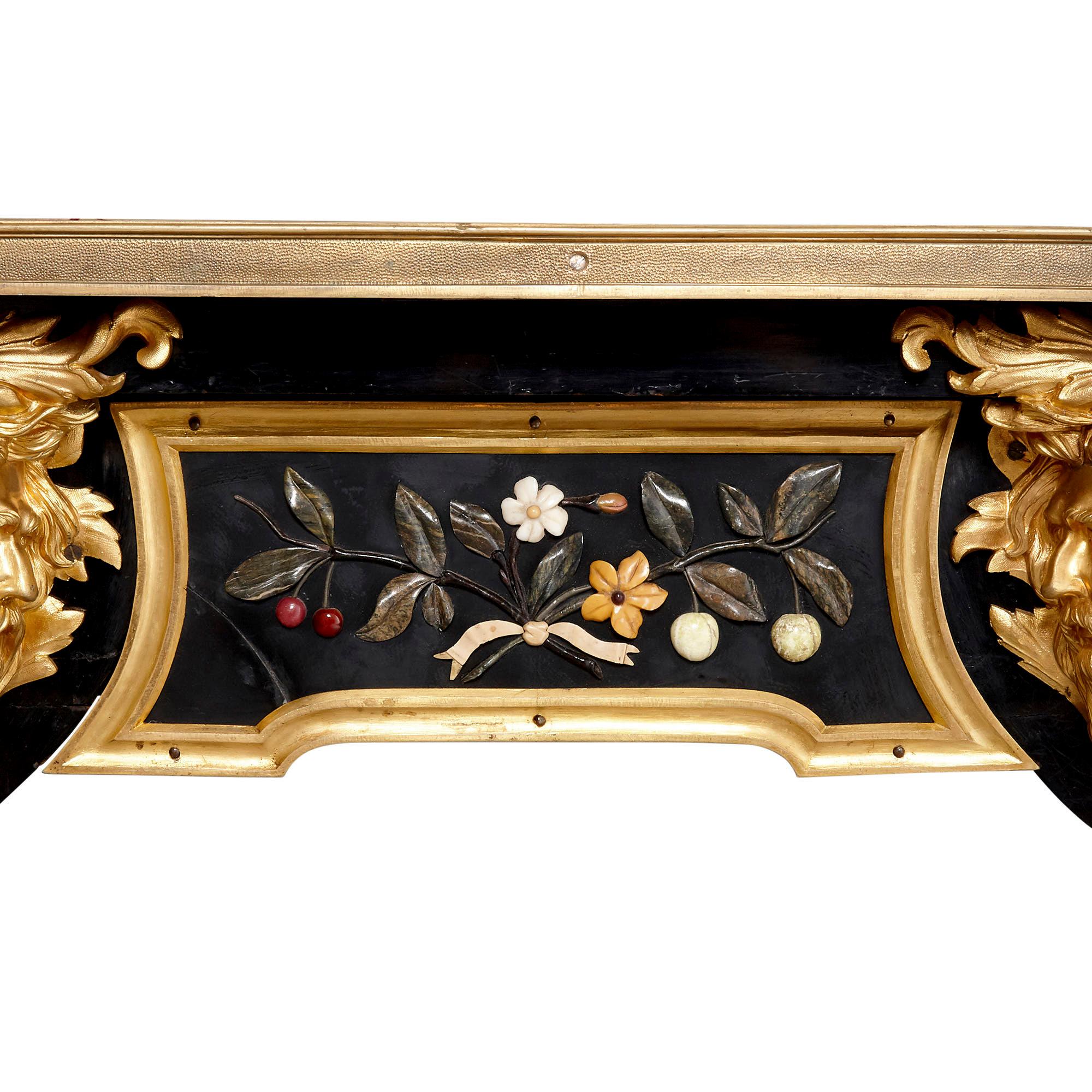 French Antique Mid-19th Century Ebonised Wood, Gilt Bronze and Pietra Dura Desk For Sale
