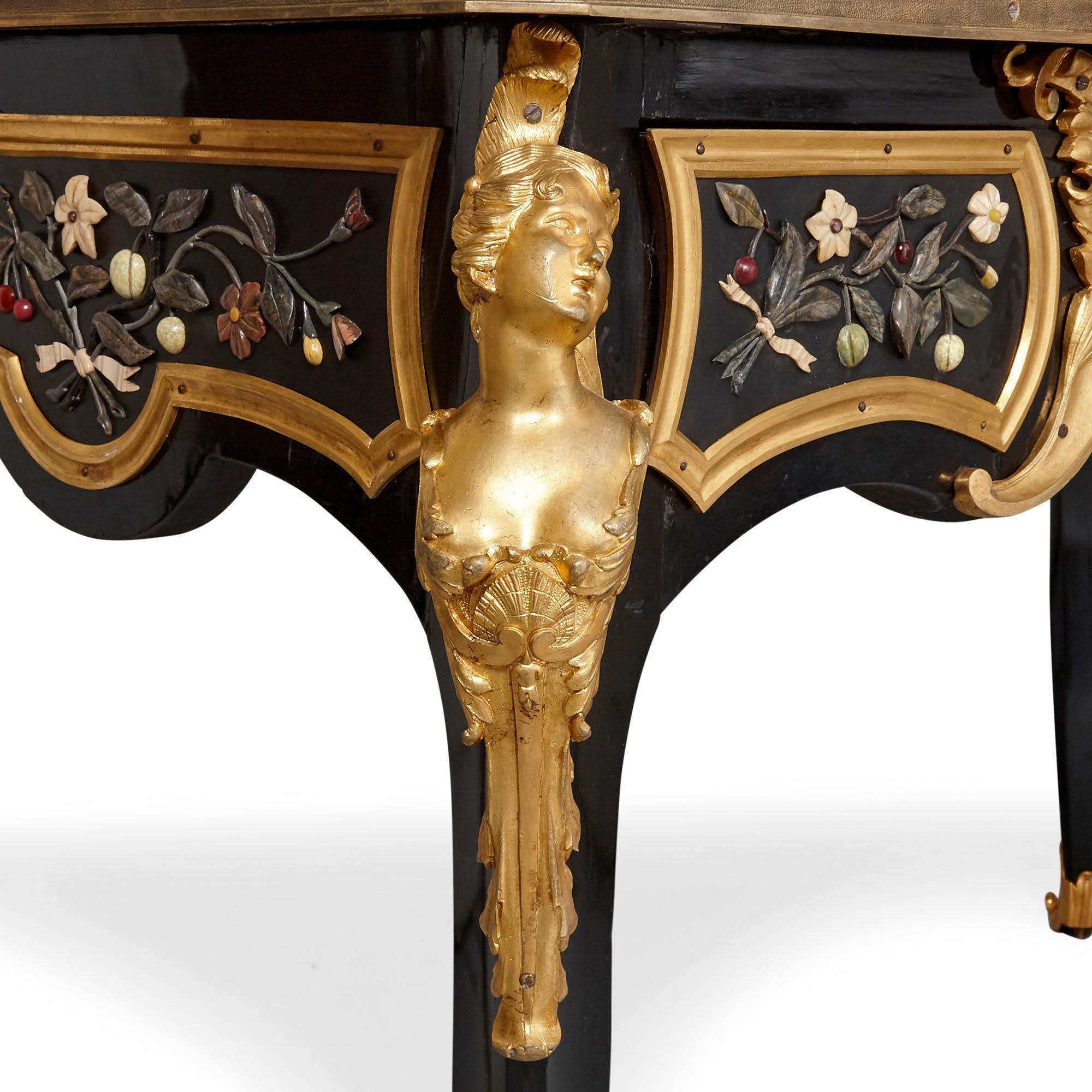 Ebonized Antique Mid-19th Century Ebonised Wood, Gilt Bronze and Pietra Dura Desk For Sale