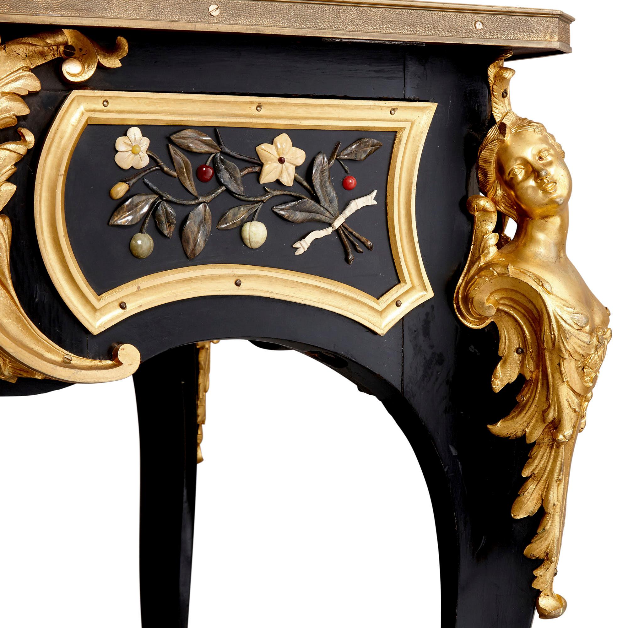 Antique Mid-19th Century Ebonised Wood, Gilt Bronze and Pietra Dura Desk In Good Condition For Sale In London, GB
