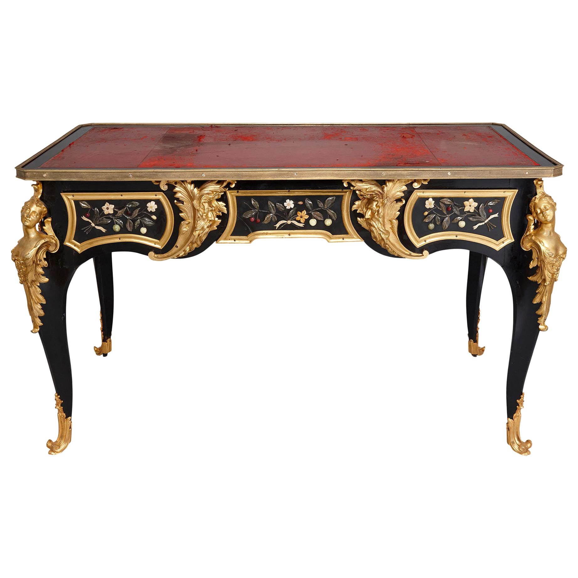 Antique Mid-19th Century Ebonised Wood, Gilt Bronze and Pietra Dura Desk For Sale