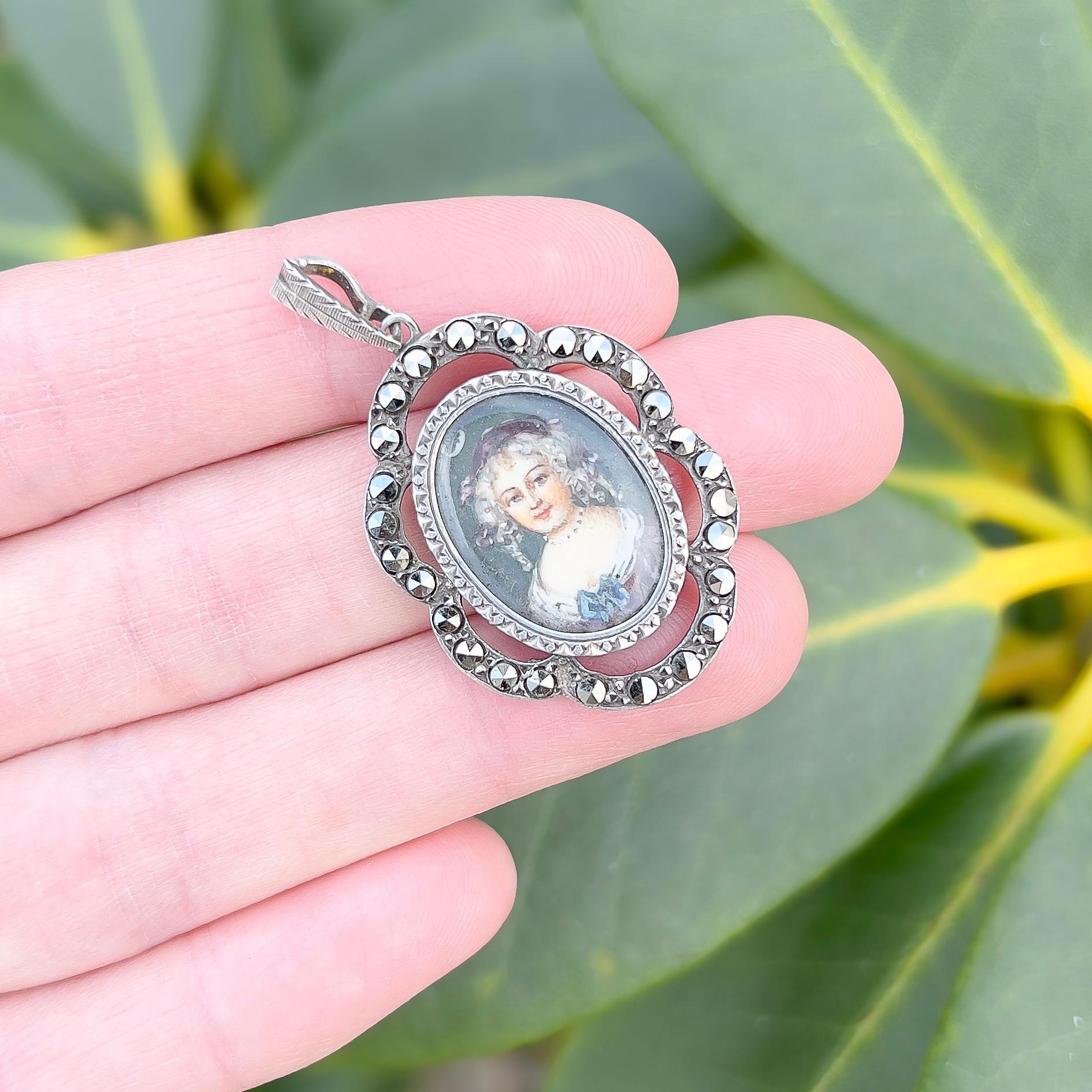 Victorian Antique Mid 19th Century French Portrait Miniature Silver and Marcasite Pendant For Sale