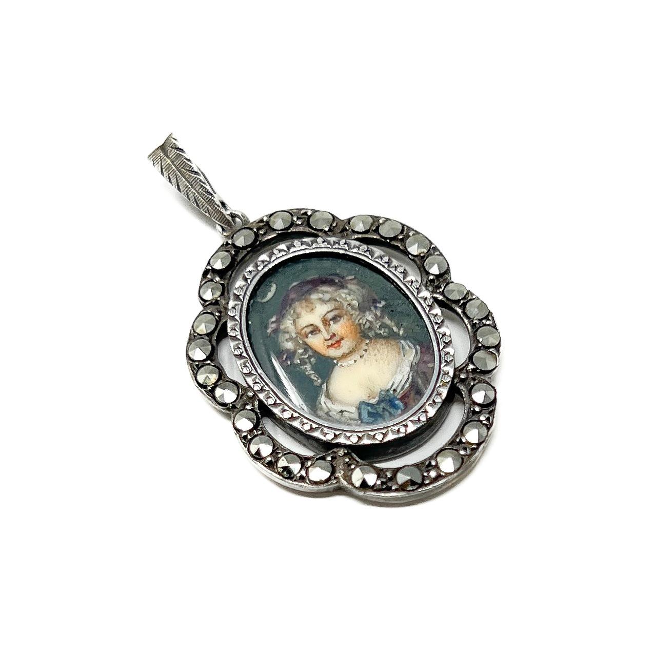 Round Cut Antique Mid 19th Century French Portrait Miniature Silver and Marcasite Pendant For Sale