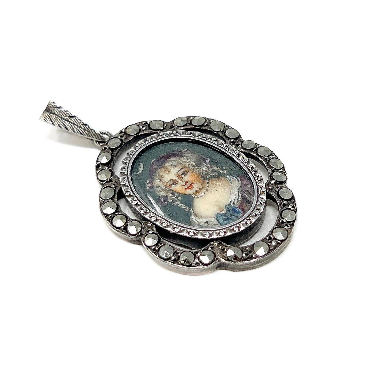 Antique Mid 19th Century French Portrait Miniature Silver and Marcasite Pendant In Good Condition For Sale In Skelmersdale, GB